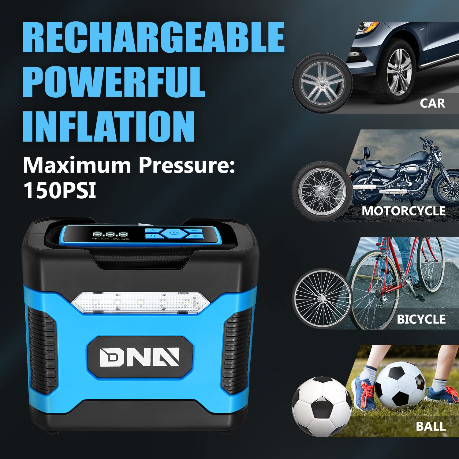 Dna Motoring Tools-00213 Blue 12V Dc Digital Tire Inflator Portable Air Compressor With Pressure Gauge For Cars, Bicycles, Motor