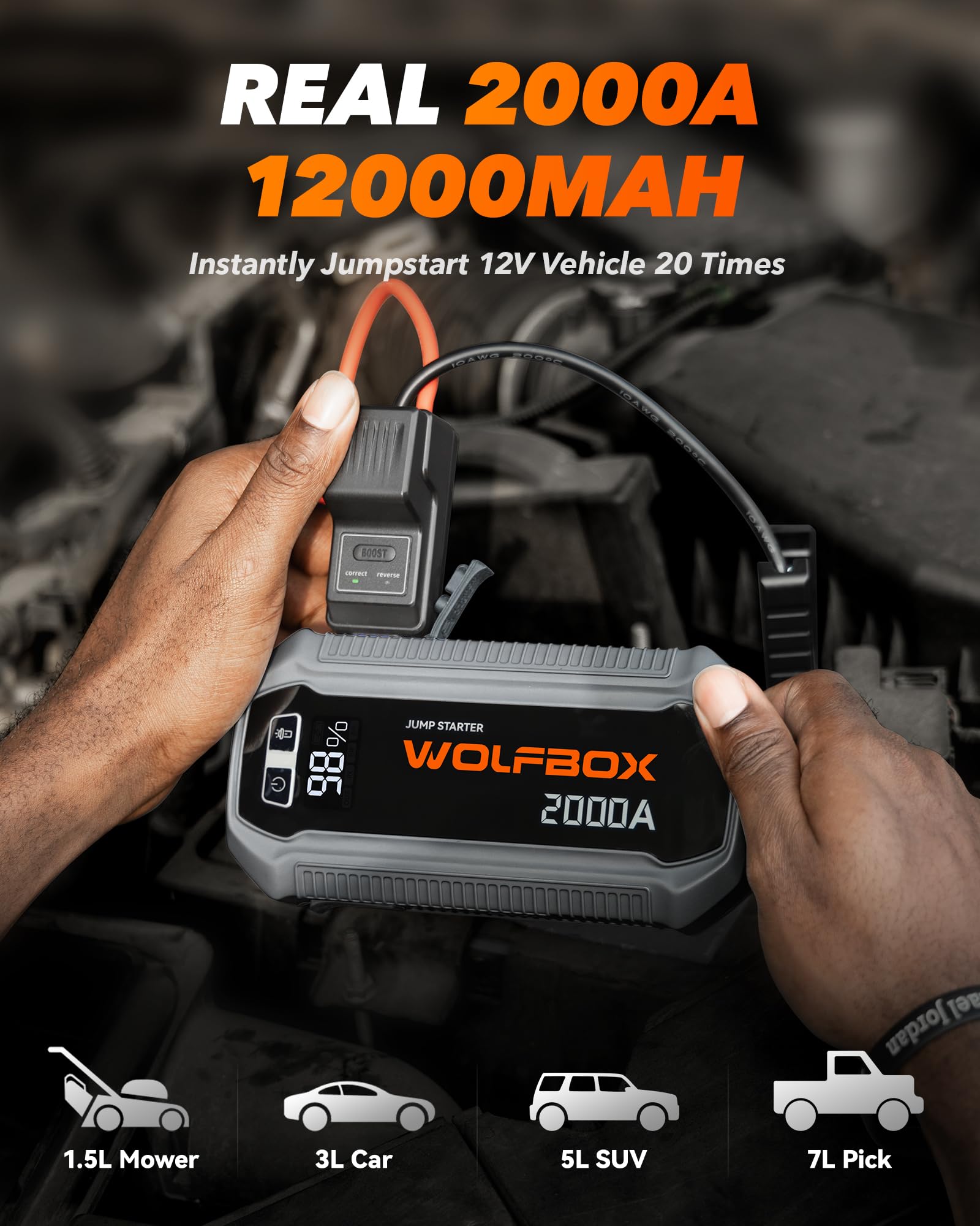 Wolfbox 2000A Jump Starter,12000Mah Battery Jumper Starter Portable With Led Display, 30W Quick Charge,12V Car Battery Jump Star