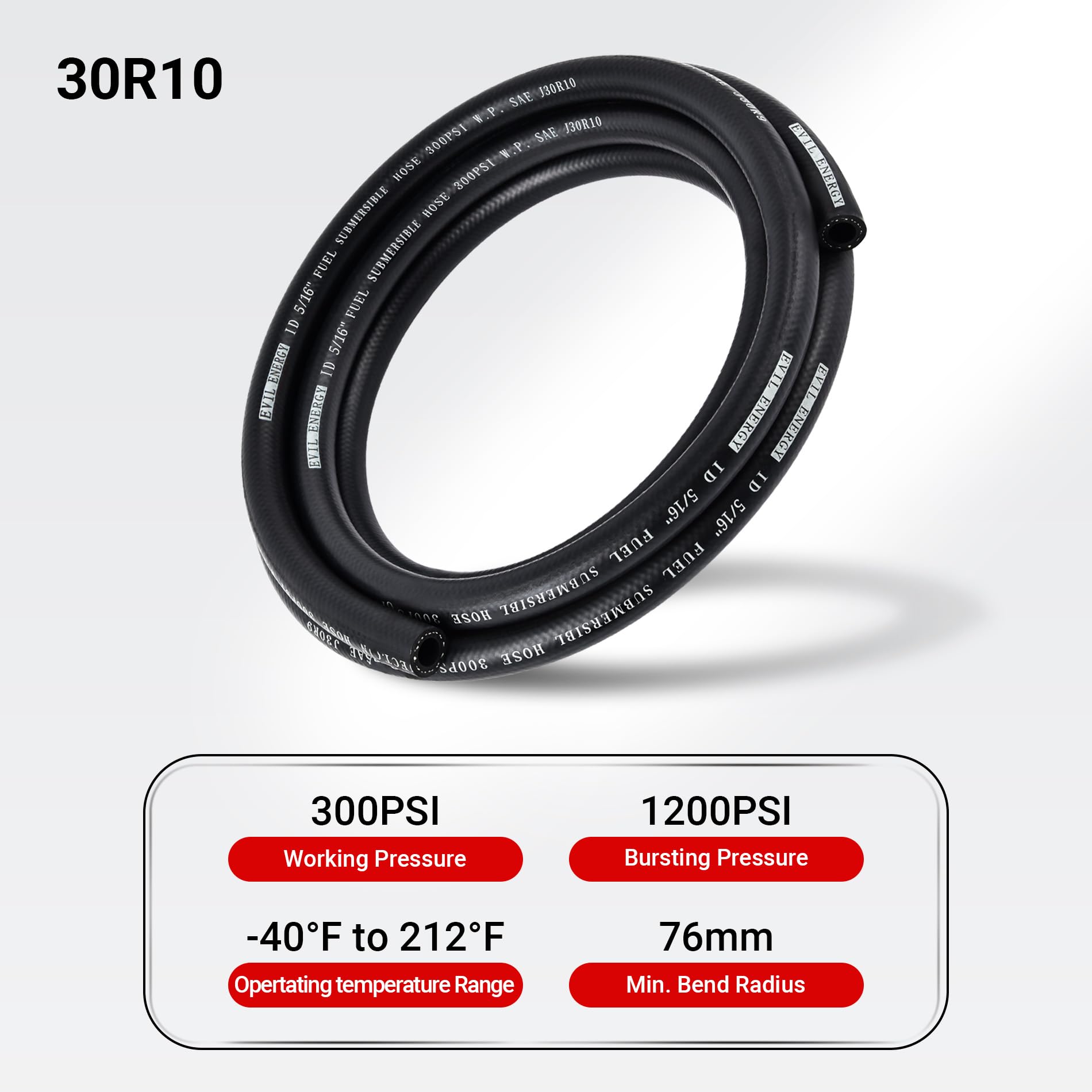 Evil Energy 3/8'' Submersible Fuel Hose E85 In Tank Line Sae 30R10 For Automotive Fuel Systems 10Ft 300Psi