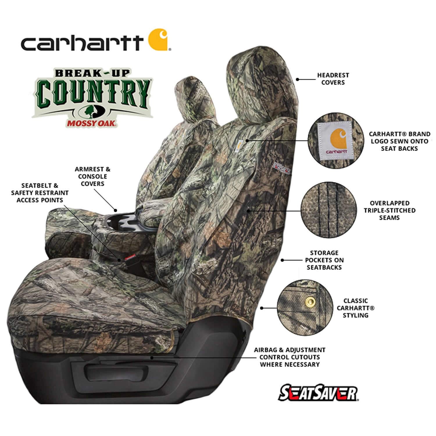 Covercraft Mossy Oak Camo Carhartt Seatsaver Custom Seat Covers | Fits 2017-2019 Chevrolet Silverado/Gmc Sierra 1500/2500/3500 (