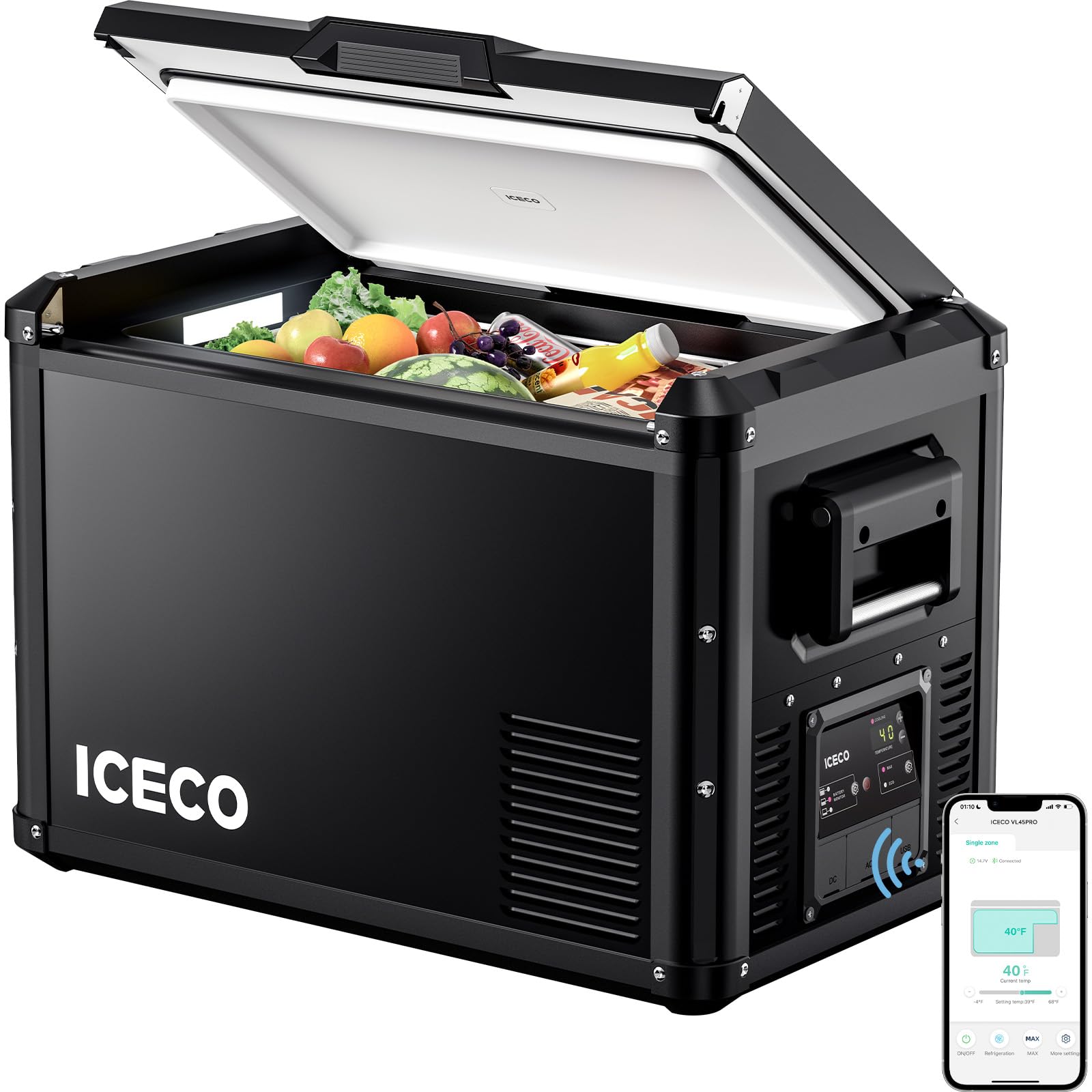 ICECO VL45 ProS 45L Portable Refrigerator, Black, Dual USB & DC/AC Power, Multi-Directional Lid, 0℉ to 50℉ - Upgrade Model