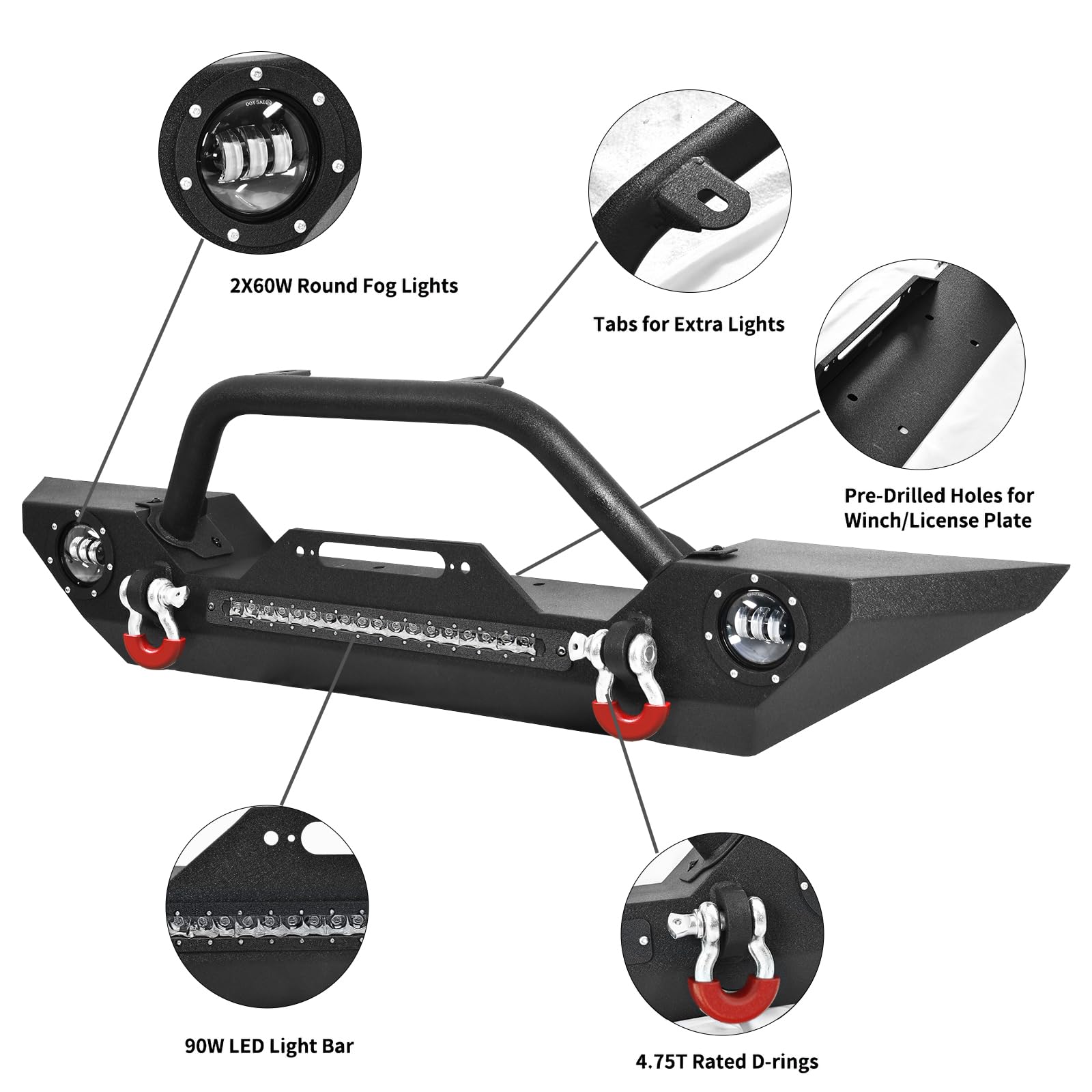 Ledkingdomus Rock Crawler Front Bumper Compatible With 07-18 Jeep Wrangler Jk And Jk Unlimited, Built-In 90W Led Light Bar W/ 2X