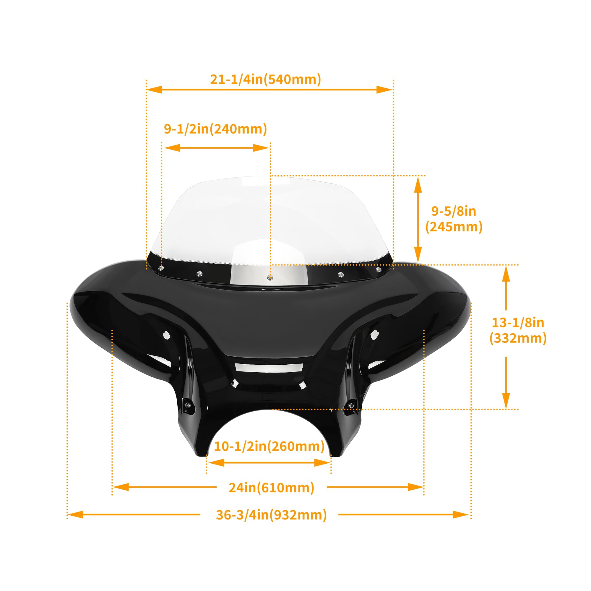 Ecotric Universal Motorcycle Cruiser Front Outer Fairing Batwing W/Clear Windshield 37' Wide X 24' Tall Bat Wing Transparent Black Abs Plastic Durable