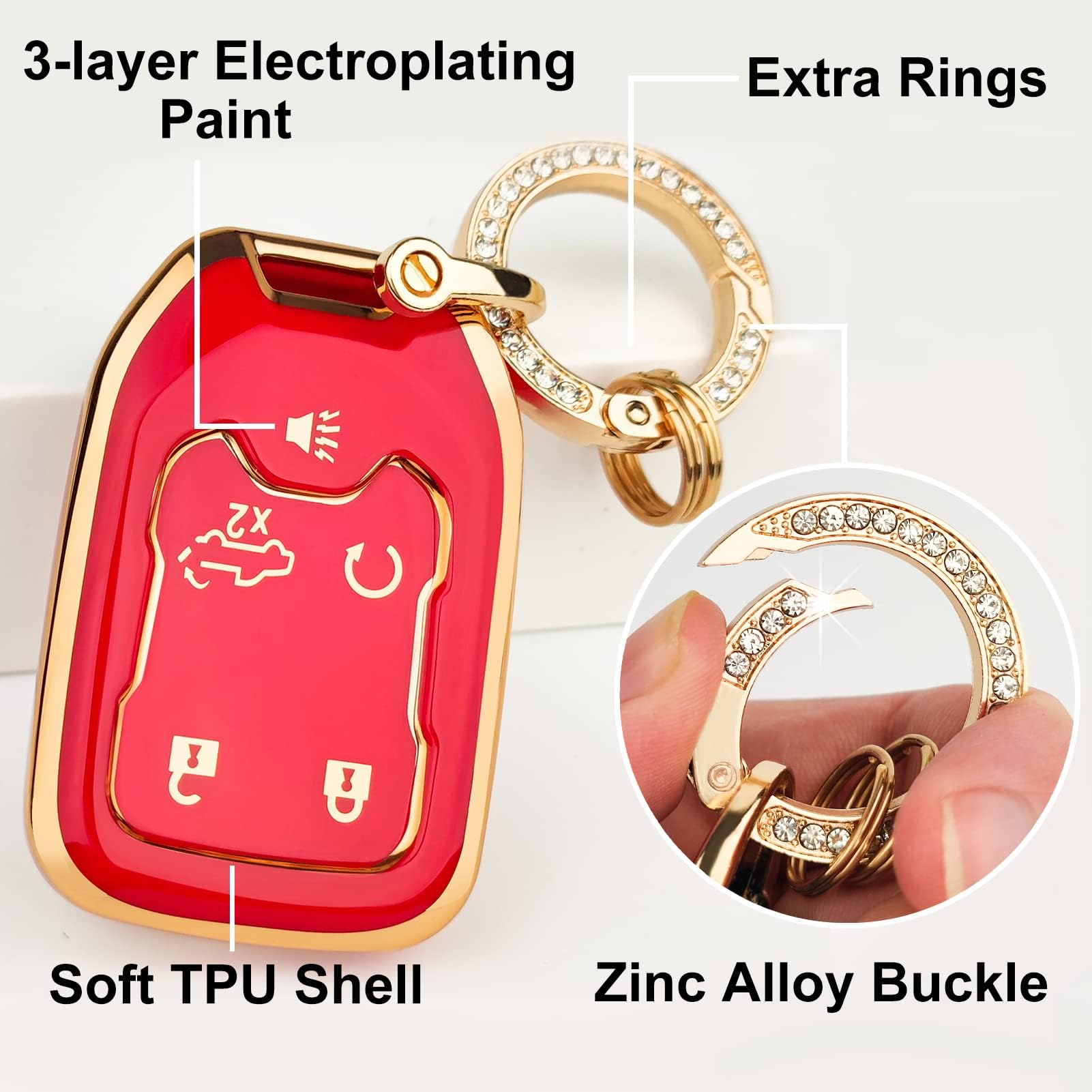 Ollen 5-Button Tpu Key Fob Cover, Fit For Gmc Acadia 2017-2025, For Terrain 2018-2025, For Sierra 2019-2025, For Chevy Silverado 2019-2022, Full Protection Soft Tpu Key Case, With Bling Ring, Red