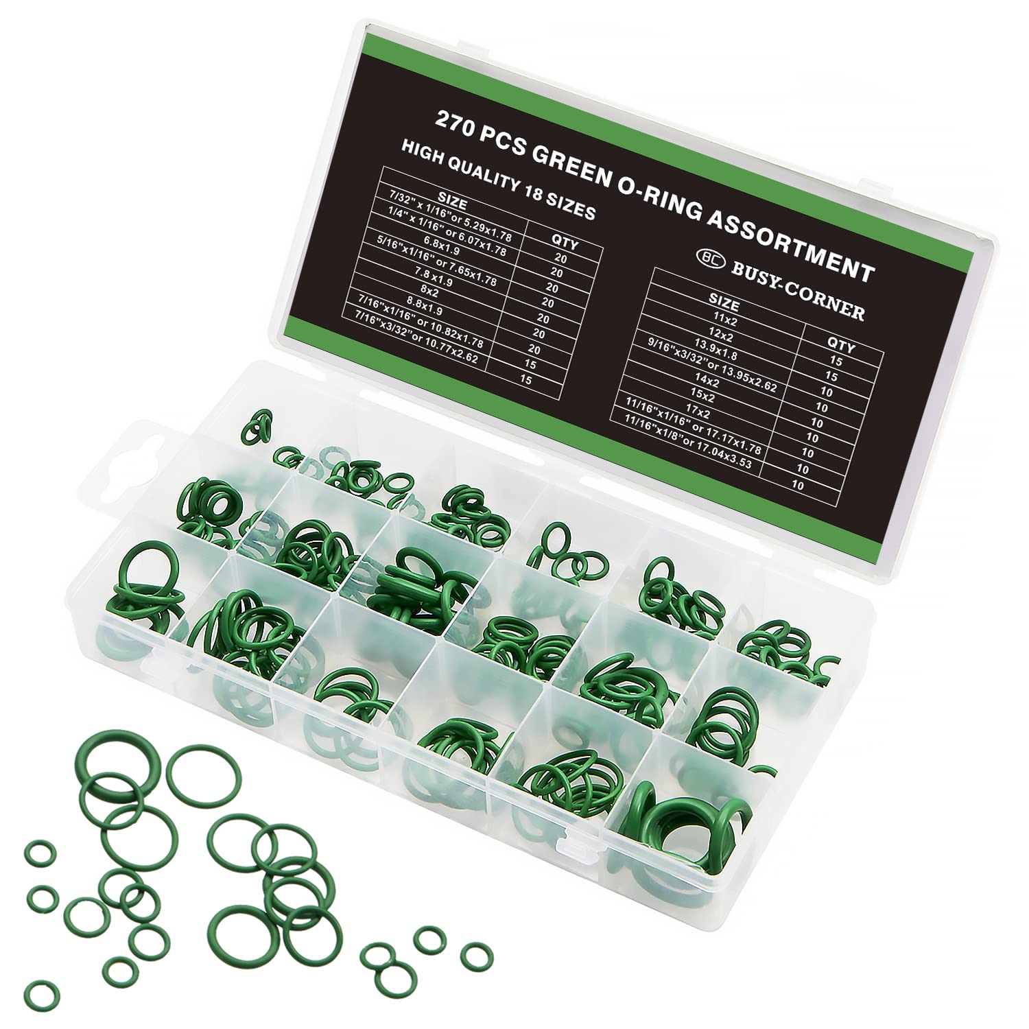 Busy-Corner Orings Kit 270 Pieces 18 Sizes Sae Inch Car Air Conditioning A/C O Ring Seals Rubber O-Rings Green