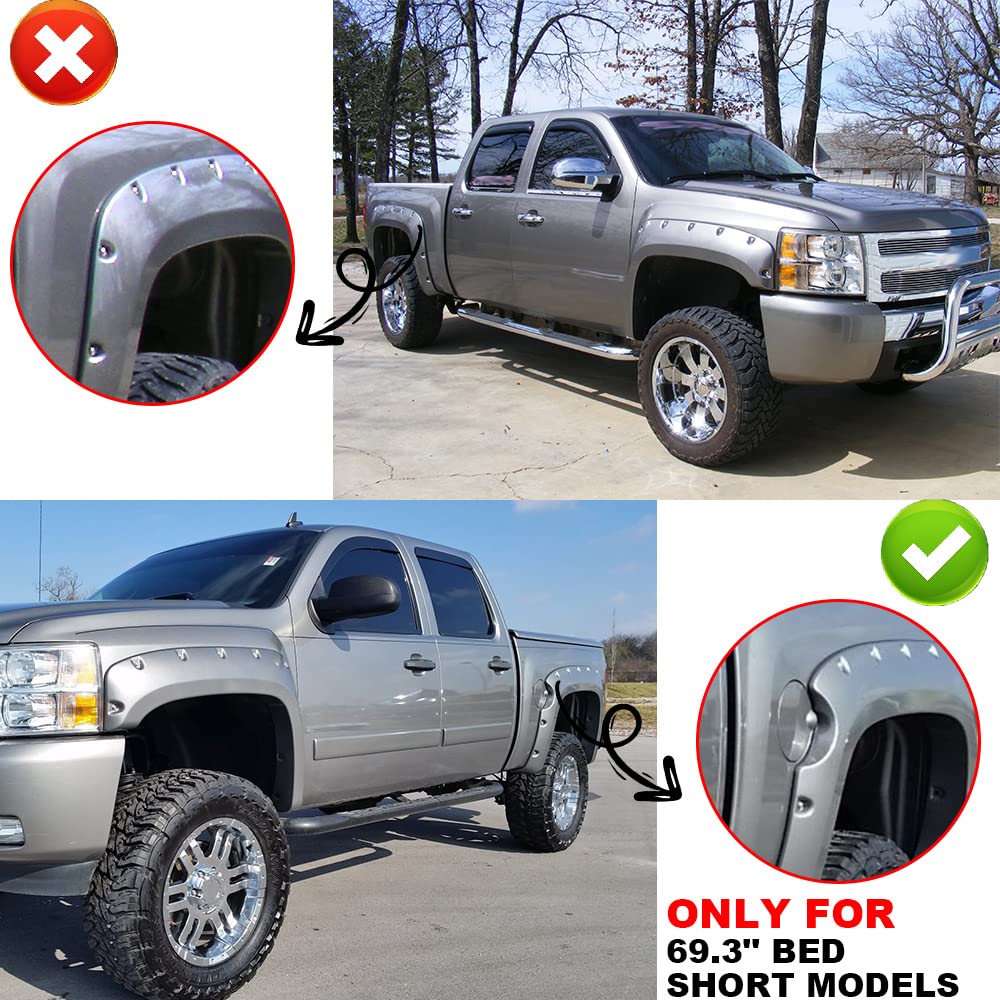 G-Plus Pocket Rivet Upgrade Fender Flares, Compatible With 2007-2013 Chevy Silverado 1500, [Only Fit 69'' Short Bed Crew Cab(Excludes 07 Classic Models)], Textured Wheel Cover [Not Fit Gmc Sierra]