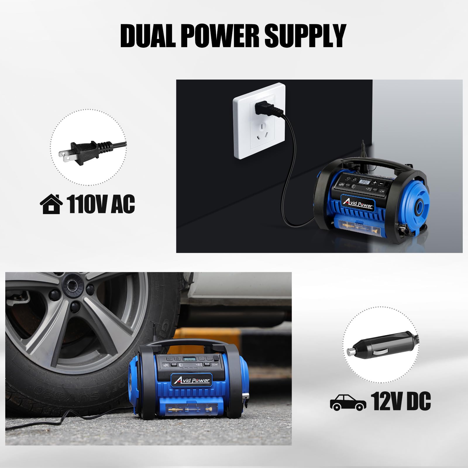 Avid Power Tire Inflator Portable Air Compressor, 12V Dc / 120V Ac Car Tire Pump, Air Mattress Pump With Inflation And Deflation Modes, Dual Powerful Motors, Digital Pressure Gauge