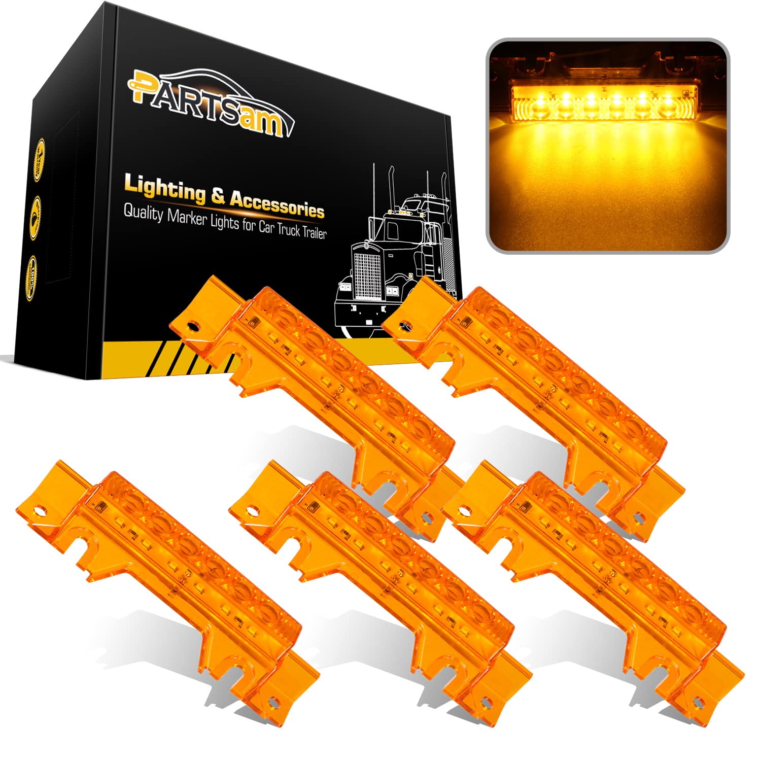 Partsam 5PCS 6LED Cab Light Truck Trailer Cab Marker Top Amber Lens Roof Running Light Reflective Lights Assembly Compatible wit