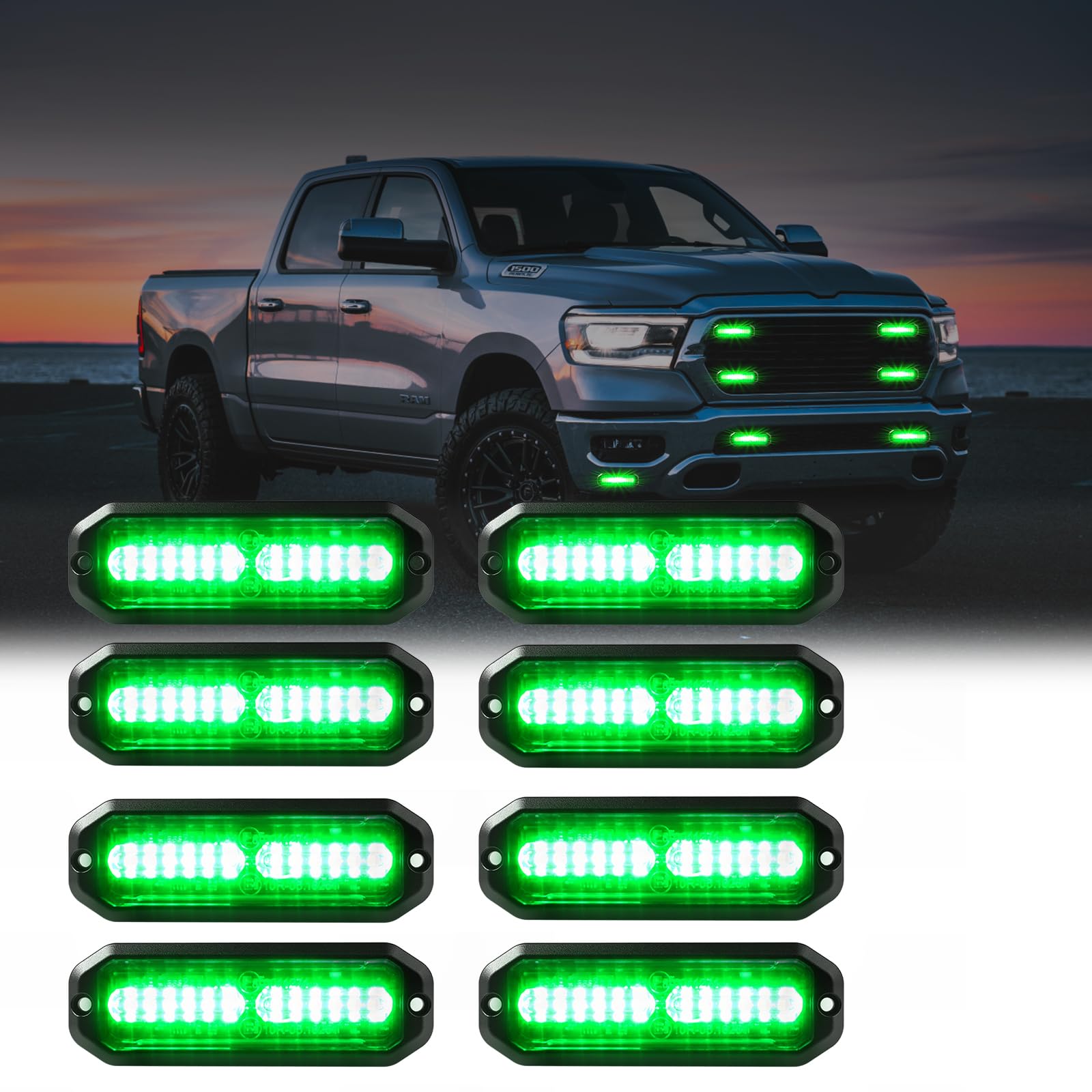 Wineco Green 8Pcs Ultra Slim Led Emergency Strobe Police Lights, Surface Mount Grill Grille Hazard Safty Warning Flashing Light