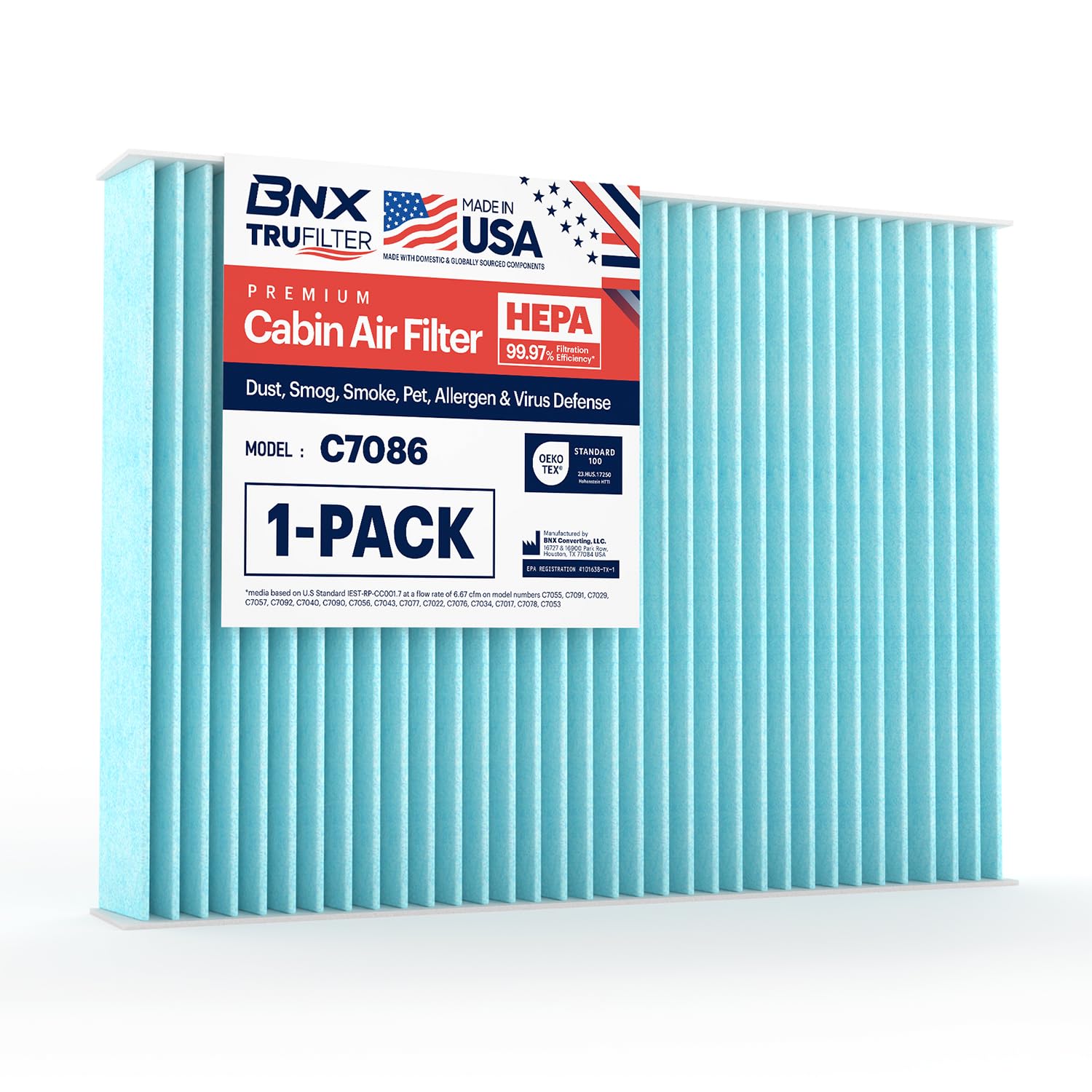 Bnx Trufilter C7086 Cabin Air Filter, Hepa 99.97%, Made In Usa, Compatible With Select Nissan Rogue, Rogue Sport
