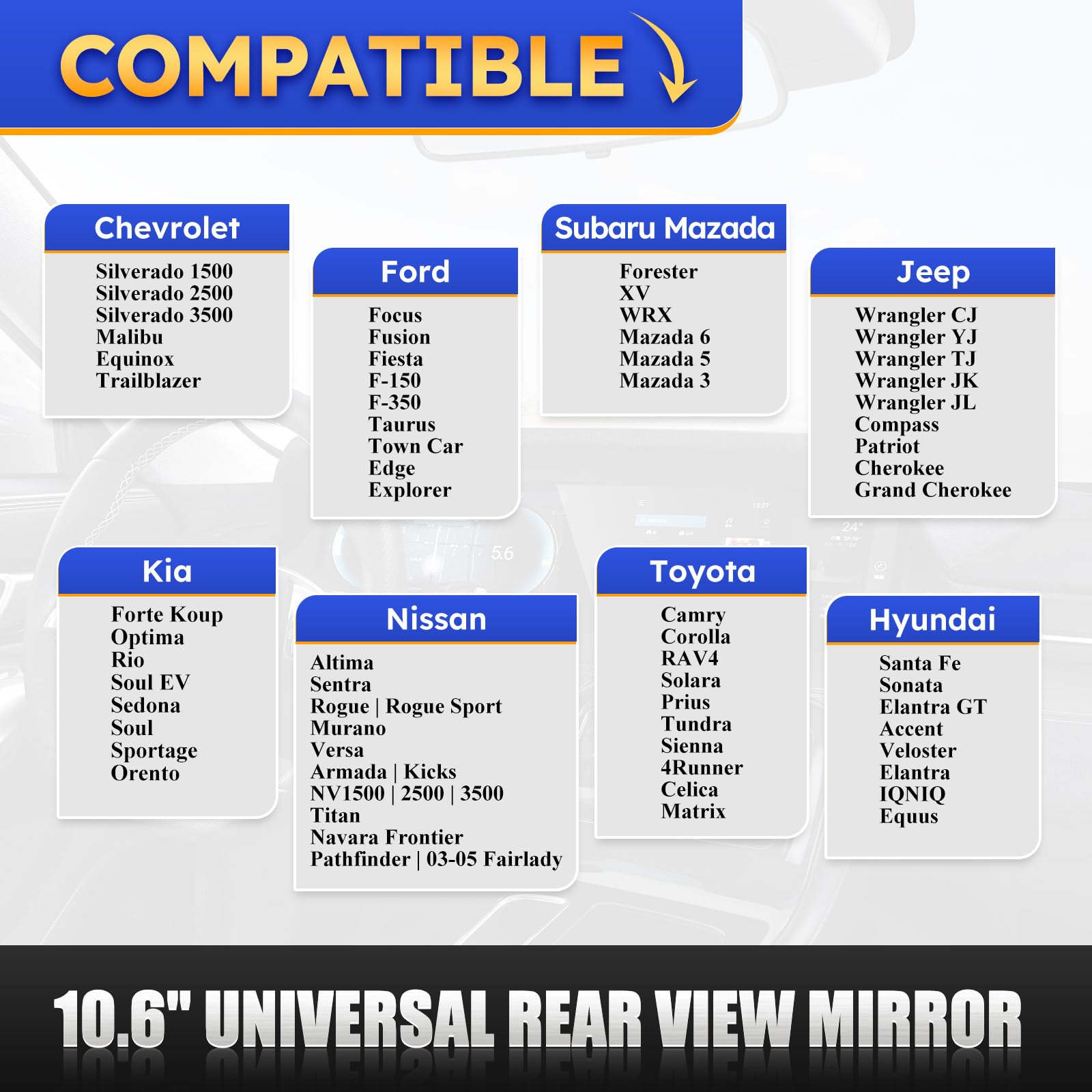 10.6'' Rear View Mirror, Interior Rearview Mirror Universal Fit Type, Compatible With Jeep Wrangler Nissan Rogue Altima Toyota C