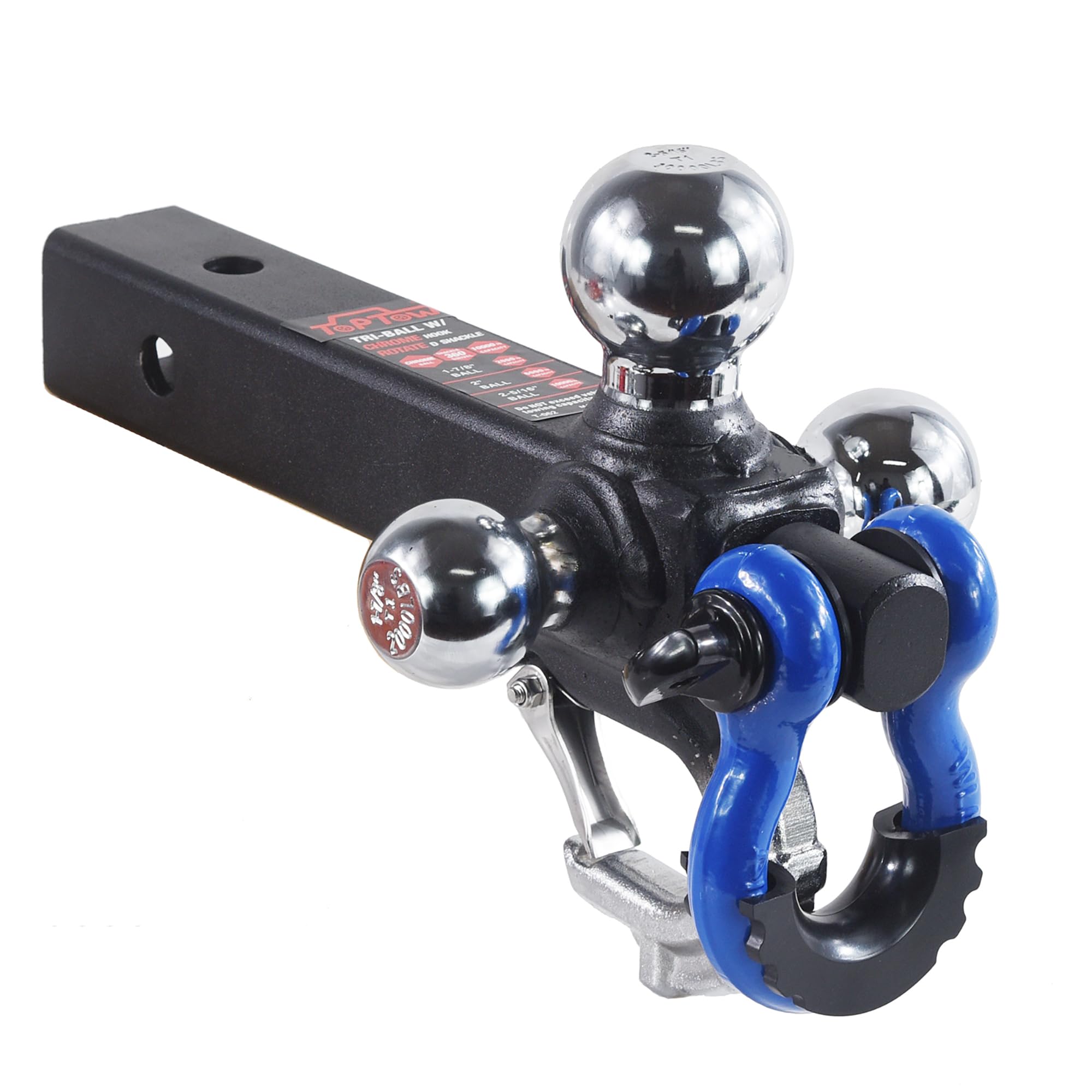 TOPTOW Trailer Hitch with Blue Recovery Shackle Ball Hitch Mount w/Chrome Triple Tow Ball, 2-in Shank, Multi Fit for 2 inch Trai