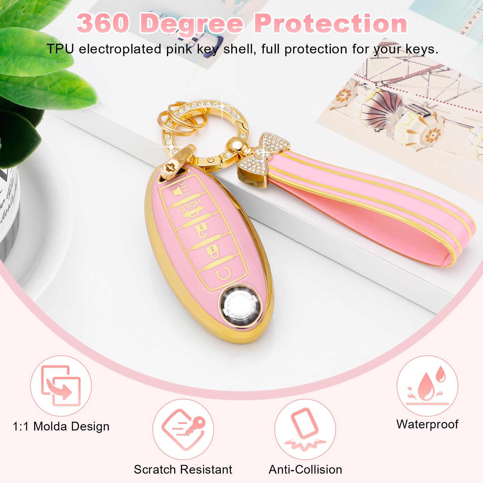 Pifoog Pink Key Fob Cover For Nissan 5 Button Altima Sentra Rogue Maxima Armada Murano Pathfinder Versa Accessories Car Keys She