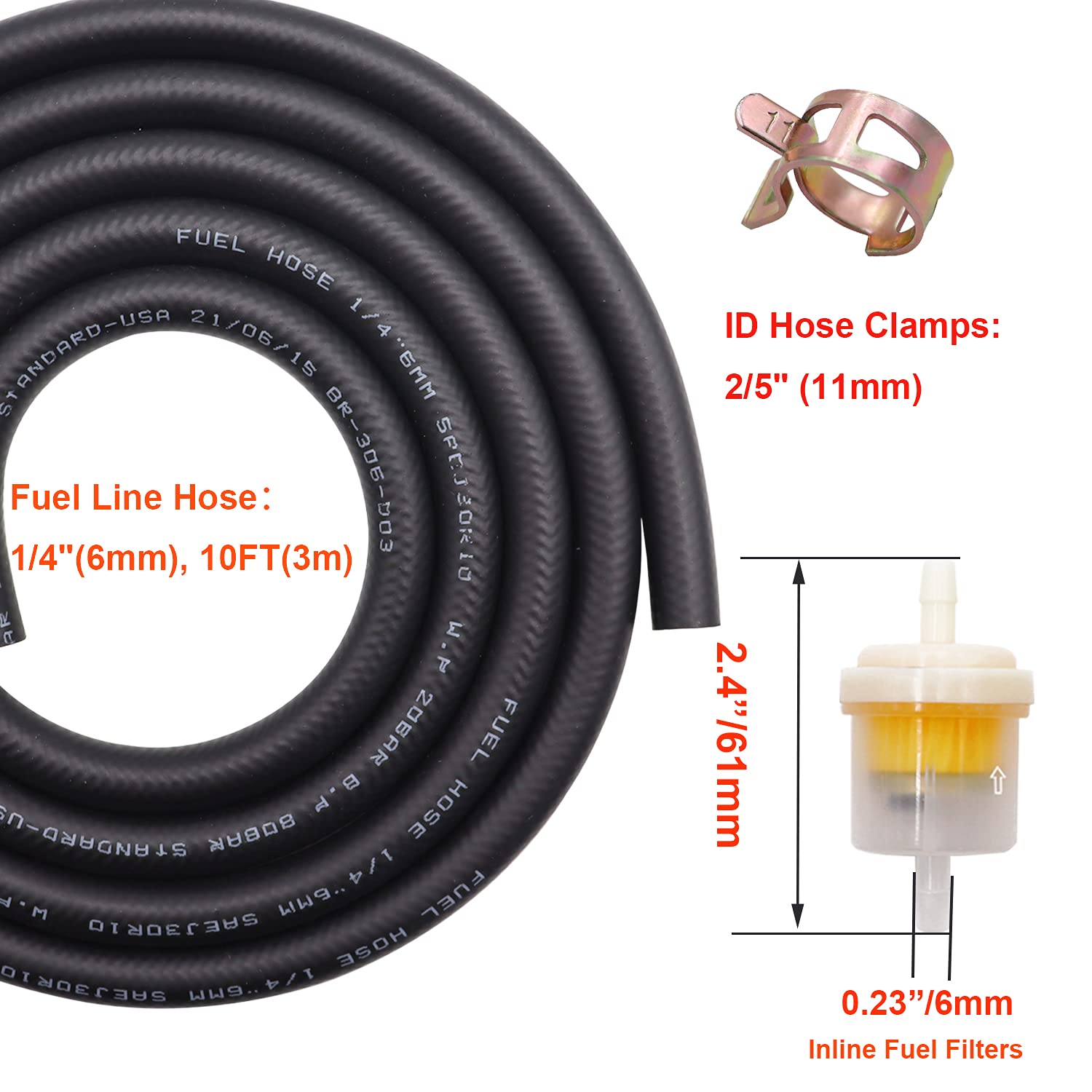 Taiss Id Fuel Line Kit, 1/4"(6Mm), 10-Foot (3M) Fuel Line Hose + 10Pcs 2/5" (11Mm) Id Hose Clamps+ 6Pcs Inline Fuel Filters .Suitable For Small Engines: Tractors, Mowing Machine, Snow Machine, Etc.