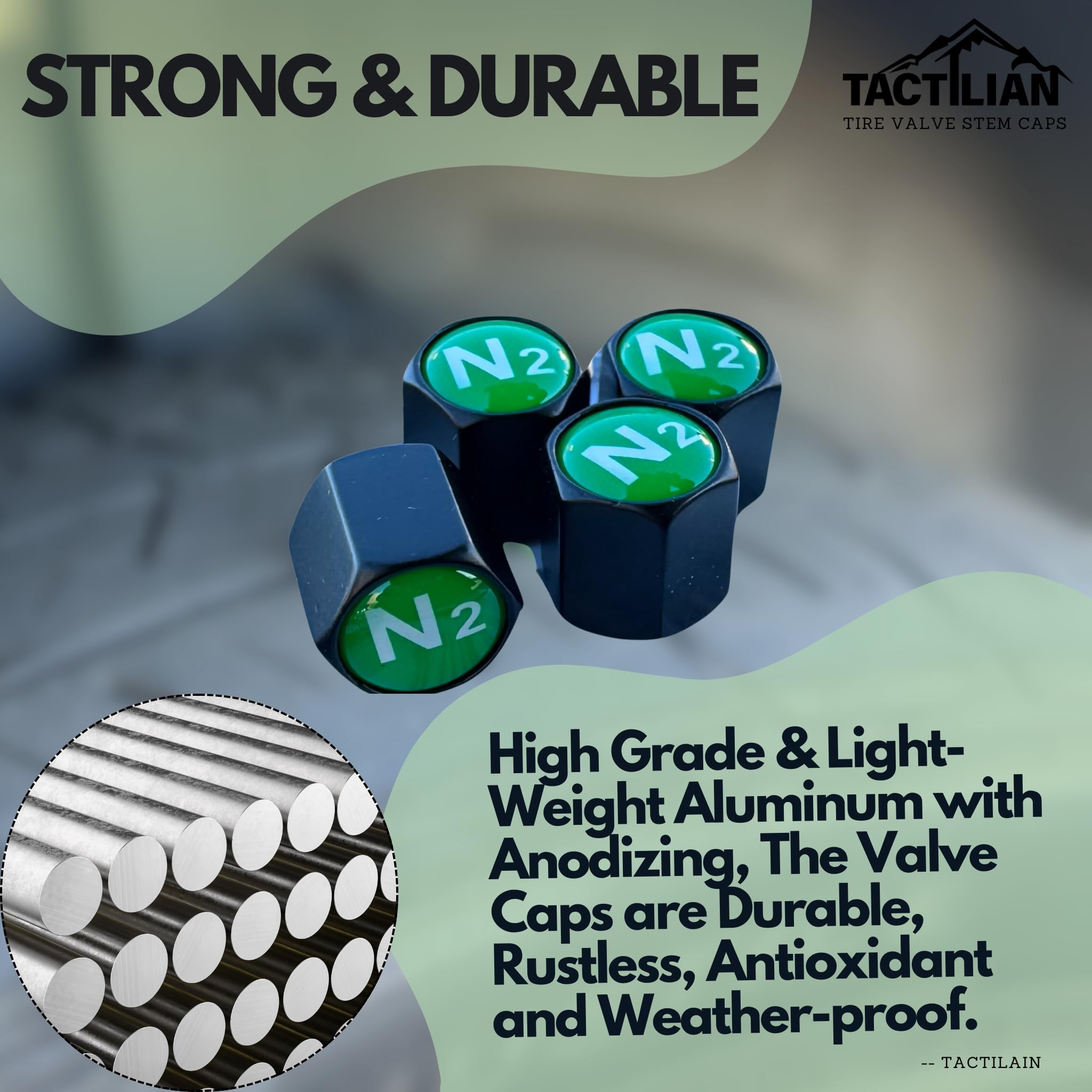 Tactilian N2 Nitrogen Tire Valve Caps | Leakproof Aluminum Tire Valve Stem Caps Green With Rubber O-Rings For Nitrogen Filled Ti