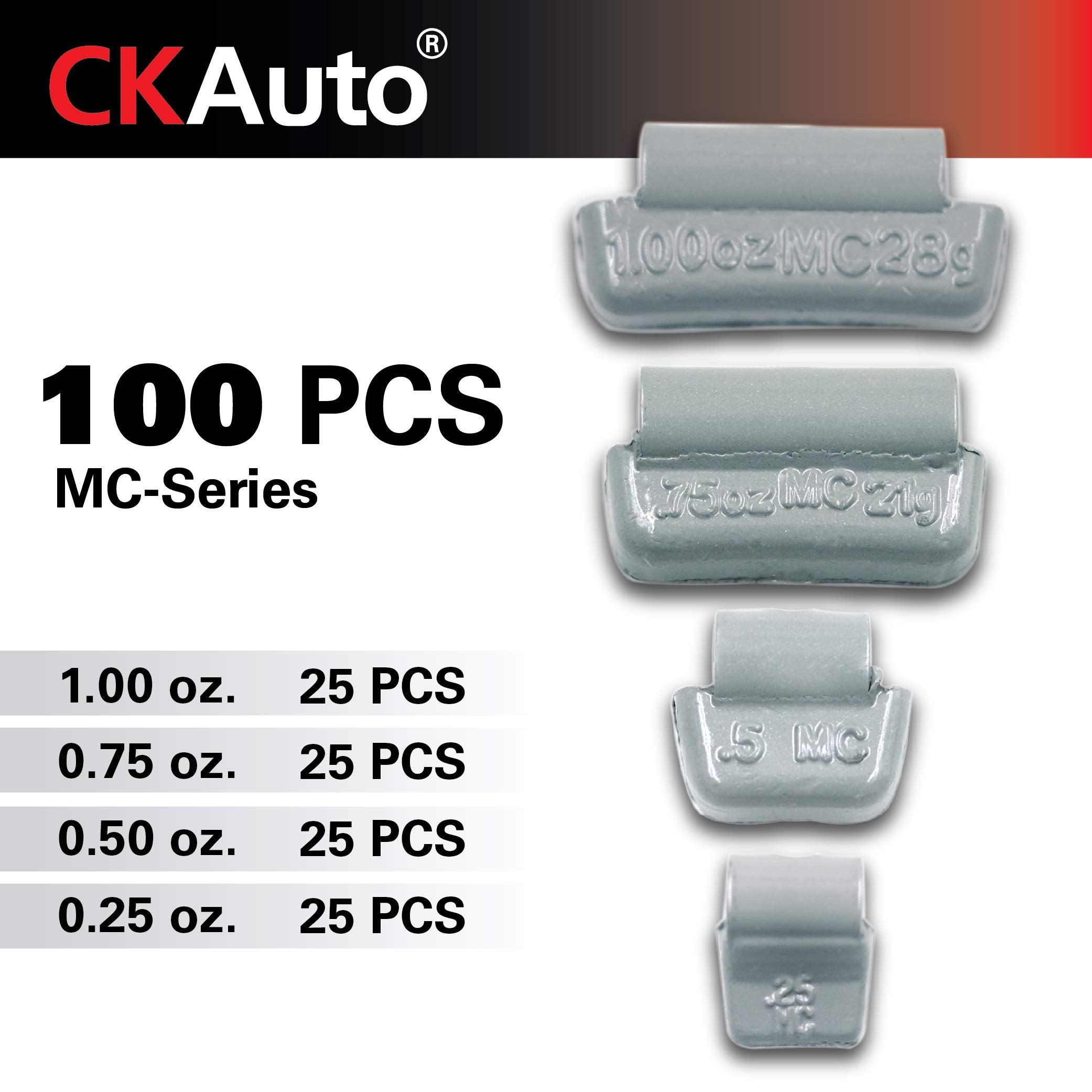 Ckauto Mc-Series Coated 0.25Oz, 0.5Oz, 0.75Oz, 1.0Oz Lead Clip On Wheel Weight Assortments, 25Pcs/ Style, Total 100Pcs/Box