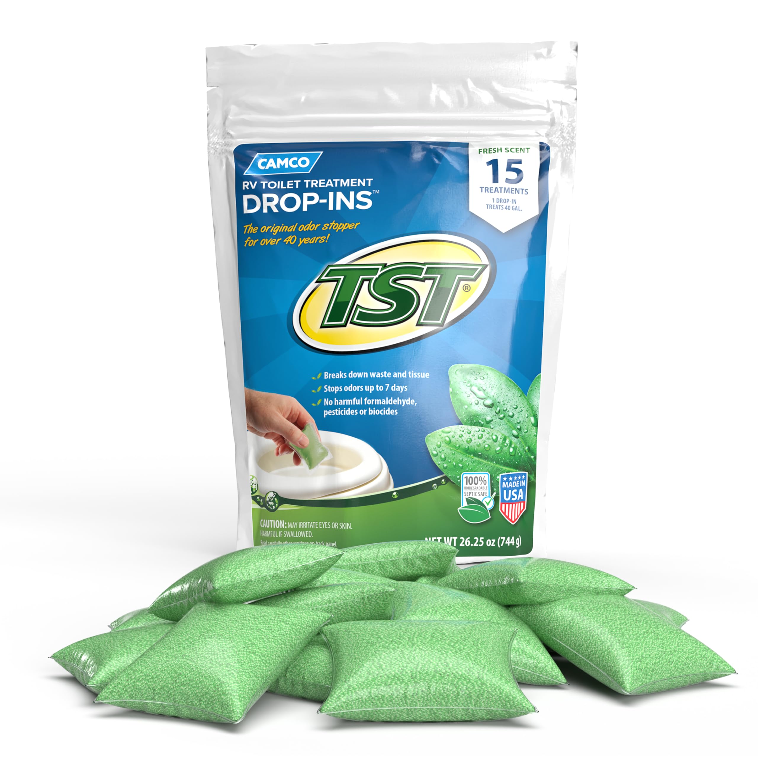 Camco Tst Camper/Rv Toilet Treatment Drop-Ins - Control Unwanted Odors & Break Down Waste And Tissue - Safe Septic Tank Treatment - Fresh Scent, 15-Pack (40264)
