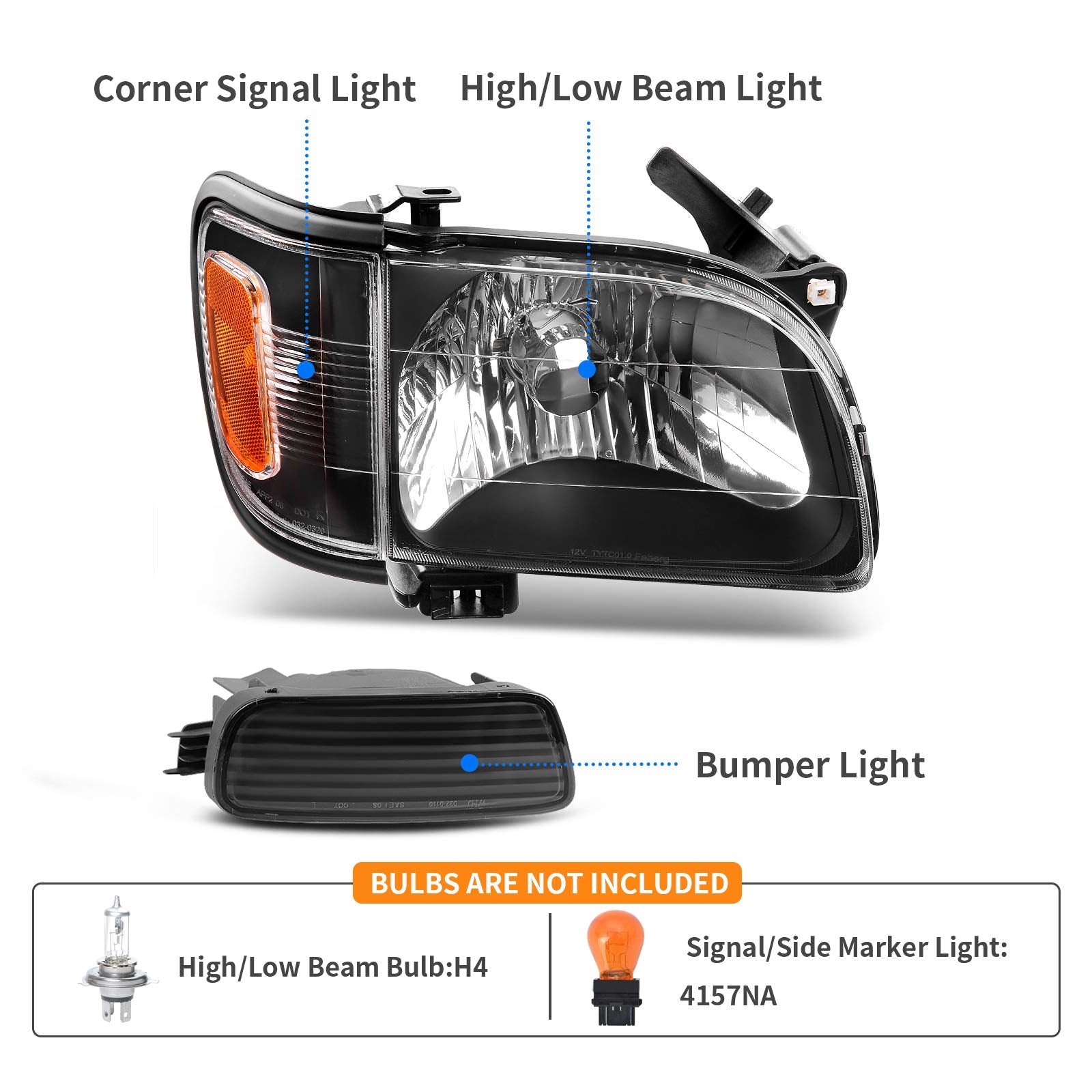 Dwvo Headlight Assembly Compatible With 2001 2002 2003 2004 Tacoma Black Housing Headlights Replacement With Bumper Lights Passe