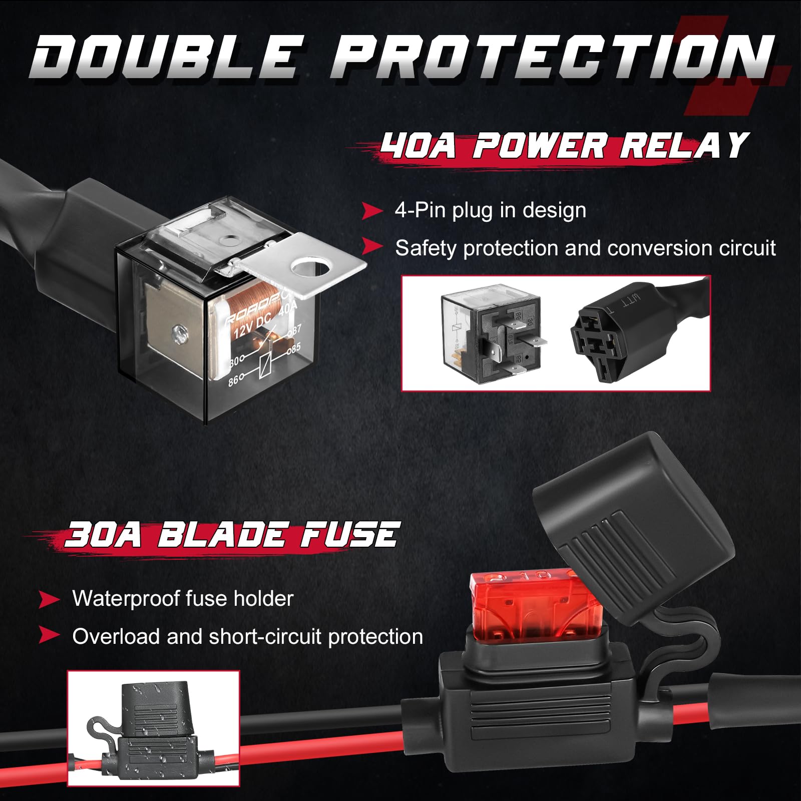 Offroadtown 2 Leads Led Light Bars Wiring Harness Kit W/Motorcycle Handlebar Switch 7/8' 12V 40A Relay Fuse Nylon Wire Harness For Atv Dirt Bike Scooters Motorcycle Lights