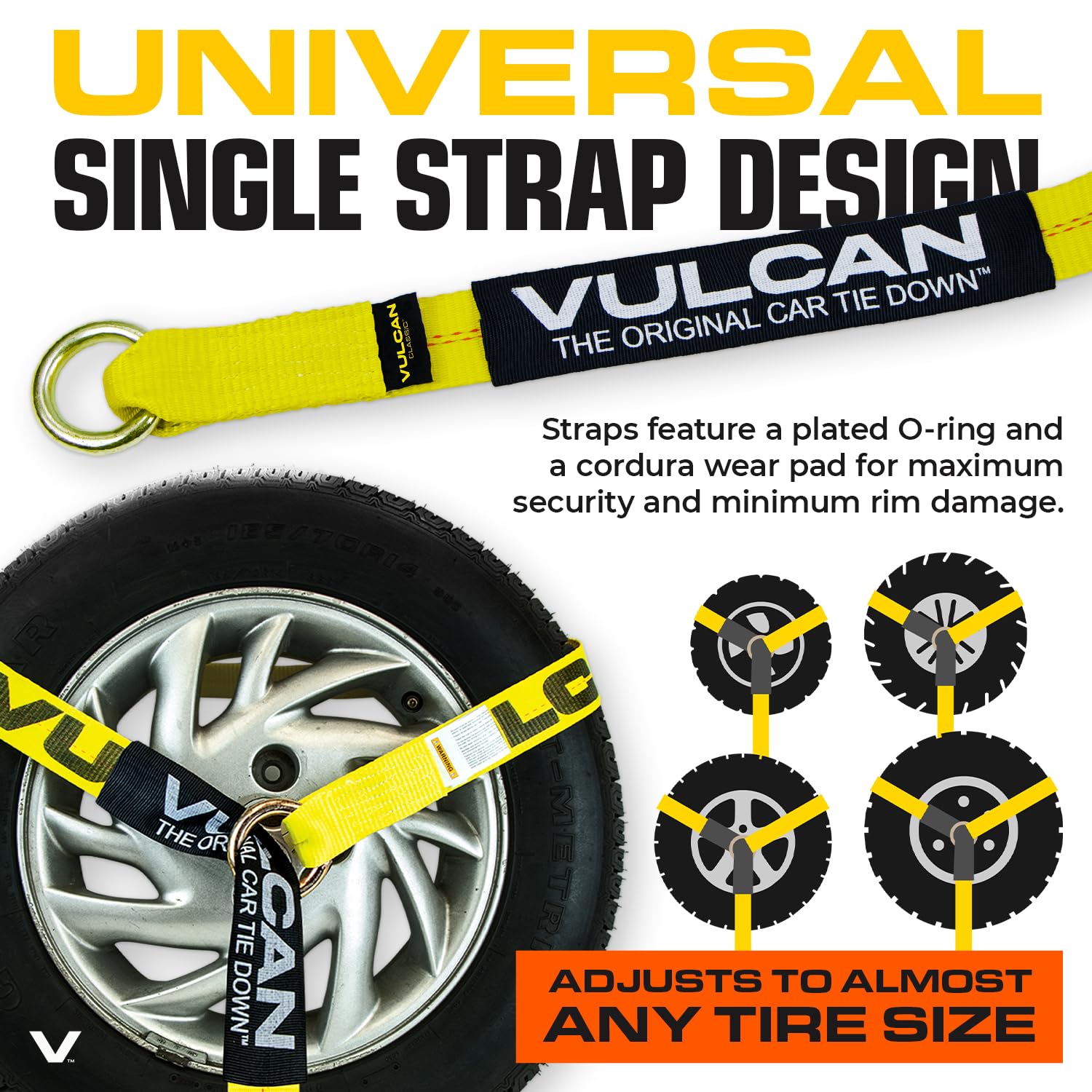 Vulcan Car Tie Down With Snap Hooks - Lasso Style - 2 Inch X 96 Inch - 4 Pack - Classic Yellow - 3,300 Pound Safe Working Load