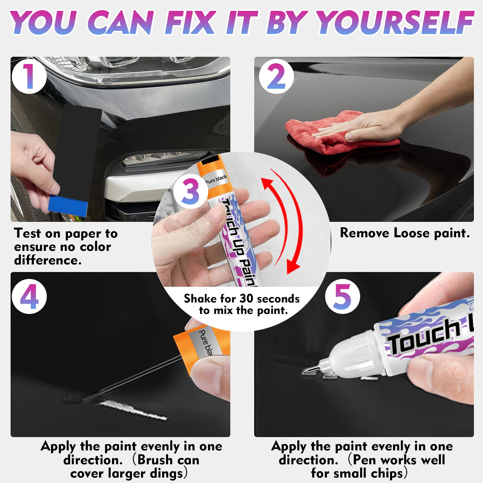 Touch Up Paint for Cars, Car Paint Scratch Repair, Quick & Easy Solution to Erase Scratches, 0.4 fl oz (Black)