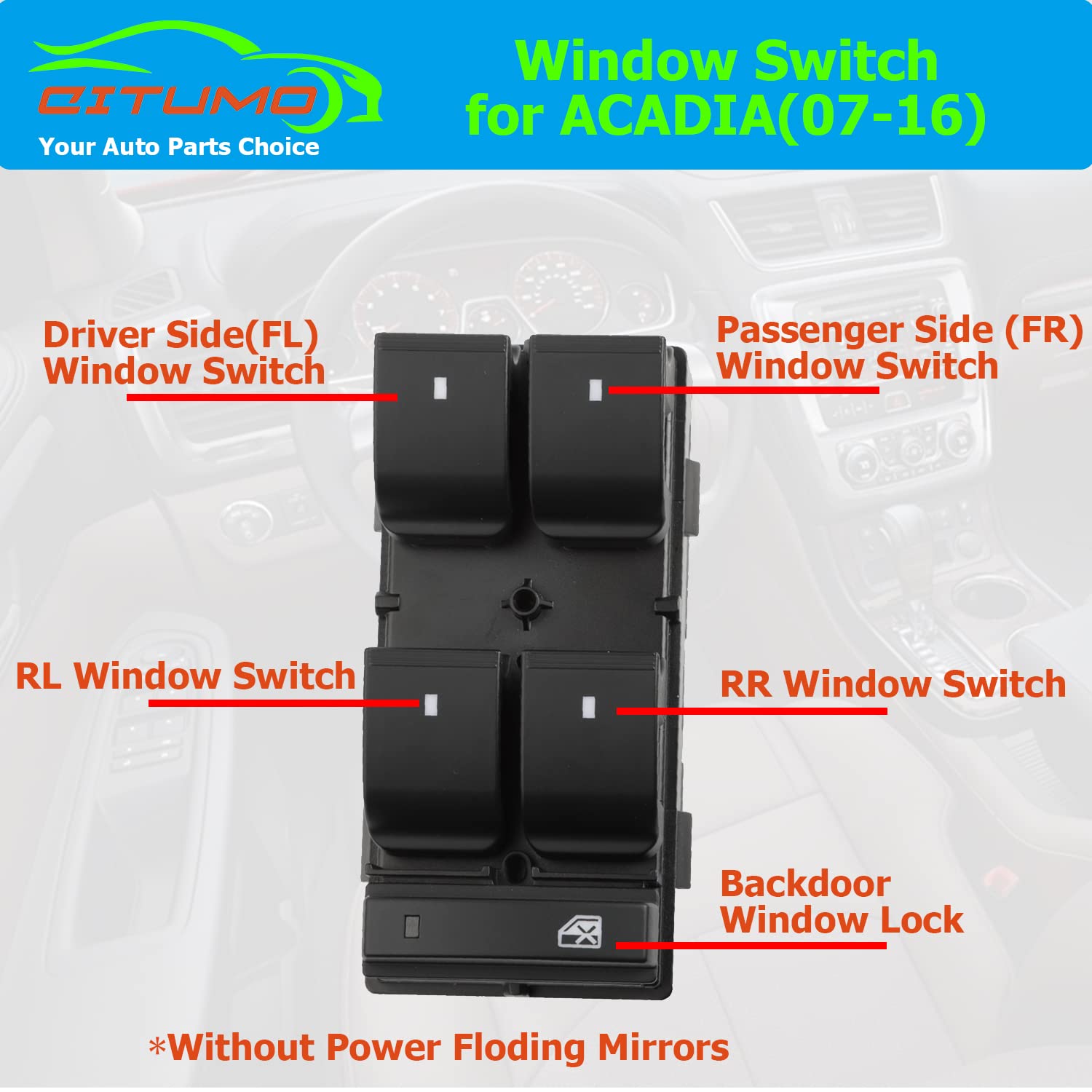 20945224 Driver Side Master Power Window Control Switch With Red Light Compatible With2007-2016 Gmc Acadia, D1961F, D1930F