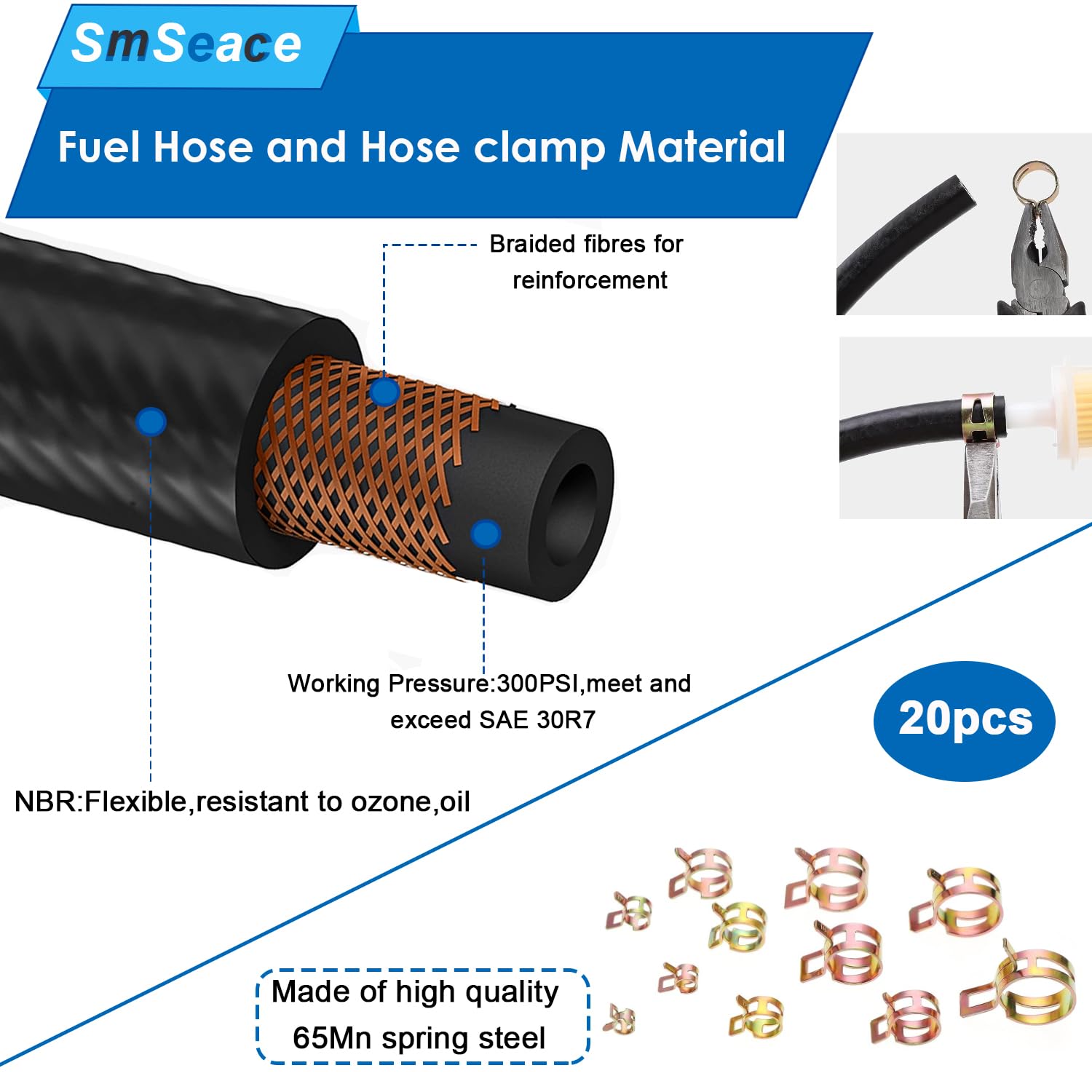 Smseace 25Pcs 3.3Ft 5-Size Fuel Line Hose Kit - 3/8'' 1/2'' 5/16'' 1/4'' 3/16'' Id Nbr Rubber Fuel Hose With Hose Clamps For Sma