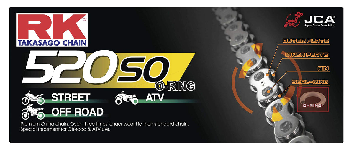 RK Racing Chain 520-SO-108 (520 Series) Steel 108 Link Traditional Street and Off-Road O-Ring Chain with Connecting Link, Black