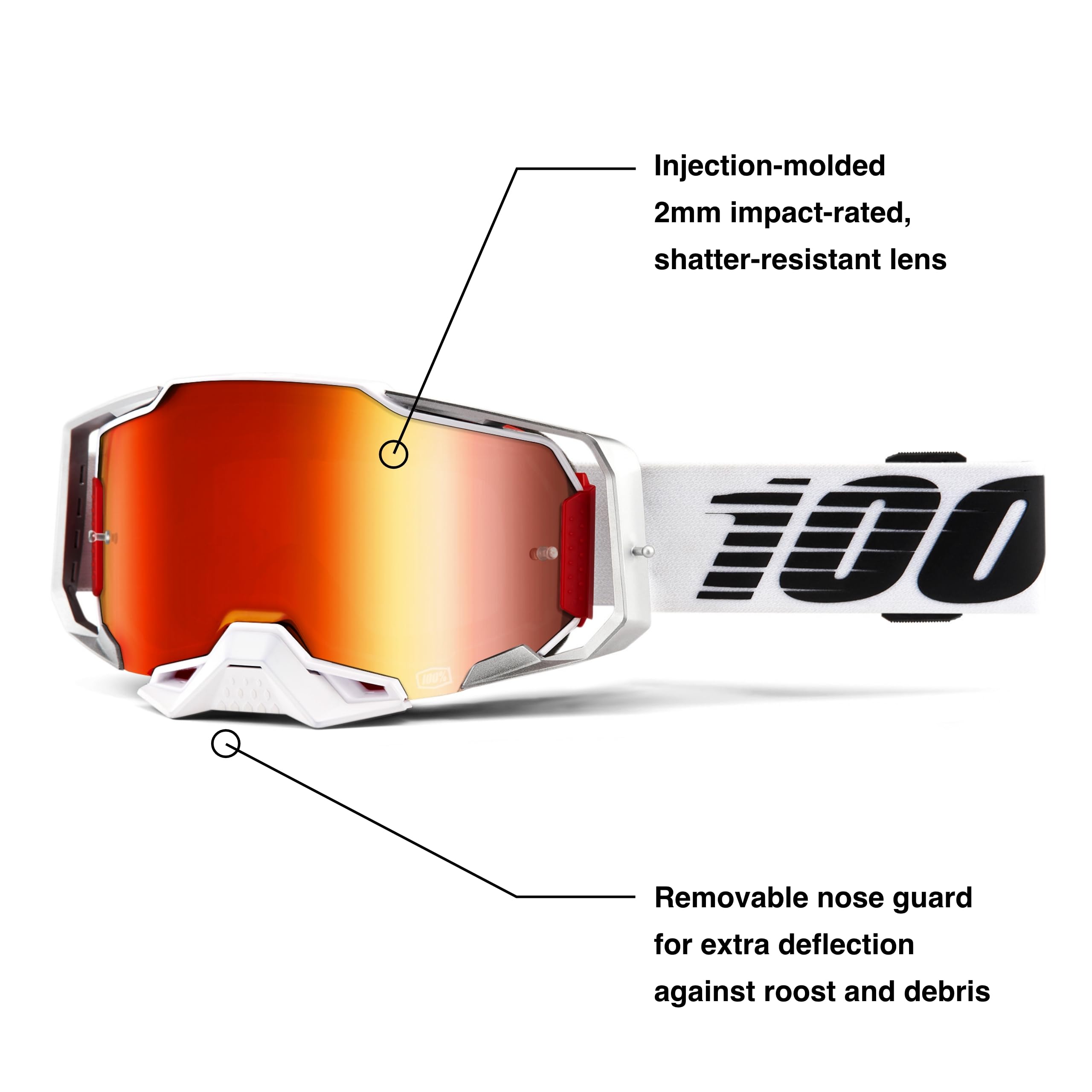 100% ARMEGA Medium Goggles - Durable Dirt Bike & Motocross Eyewear, Lightsaber Mirror Red Lens