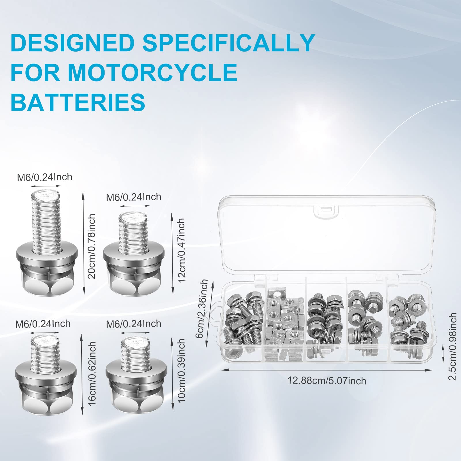 48 Pack Motorcycle Battery Terminal Nuts and Bolt Kit M6 x 10 mm 12 mm 16 mm 20 mm Bolt Square Nut Kit Stainless Steel Motorcycl