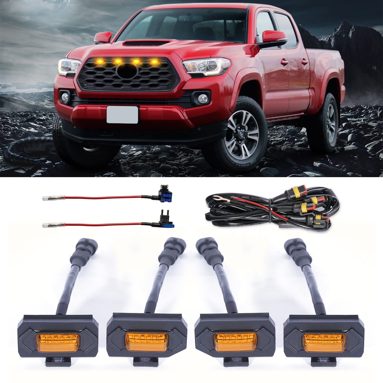 Kingory 4Pcs Raptor Led Light Upgrade For 2020 2021 Tacoma Oem Grill,For 2022 Tacoma Grille Lights Led Grill Lights Compatible With Trd Off Road And Sport Oem Grille(Yellow Shell Amber Light)