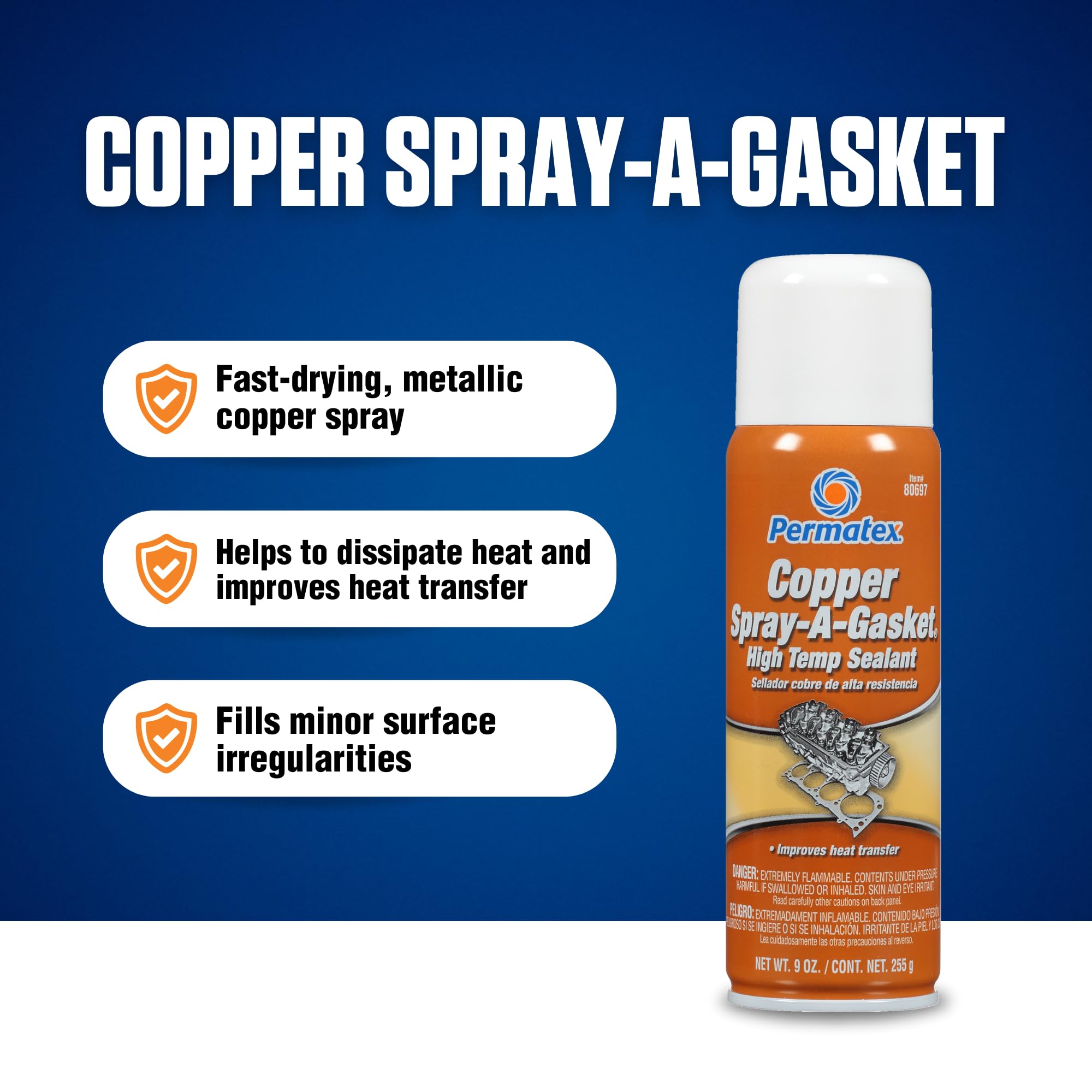 Permatex 80697 Copper Spray-A-Gasket Hi-Temp Adhesive Sealant, 9 Oz. Net Aerosol Can , Orange