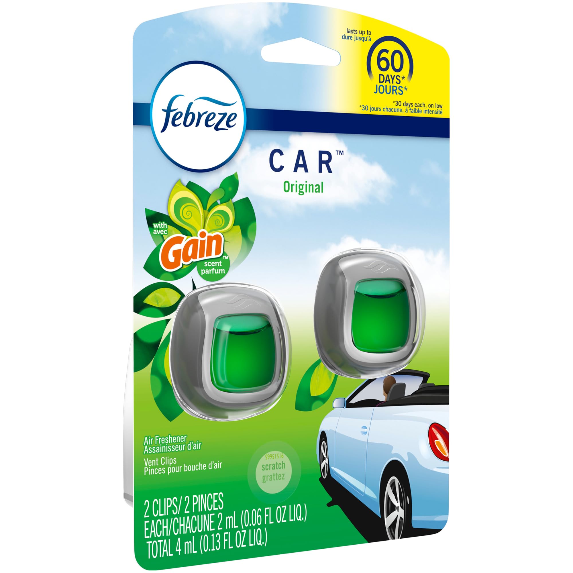 Febreze Car Air Freshener Vent Clip Gain Original Scent, .06 Oz. Car Vent Clip, 2 Count