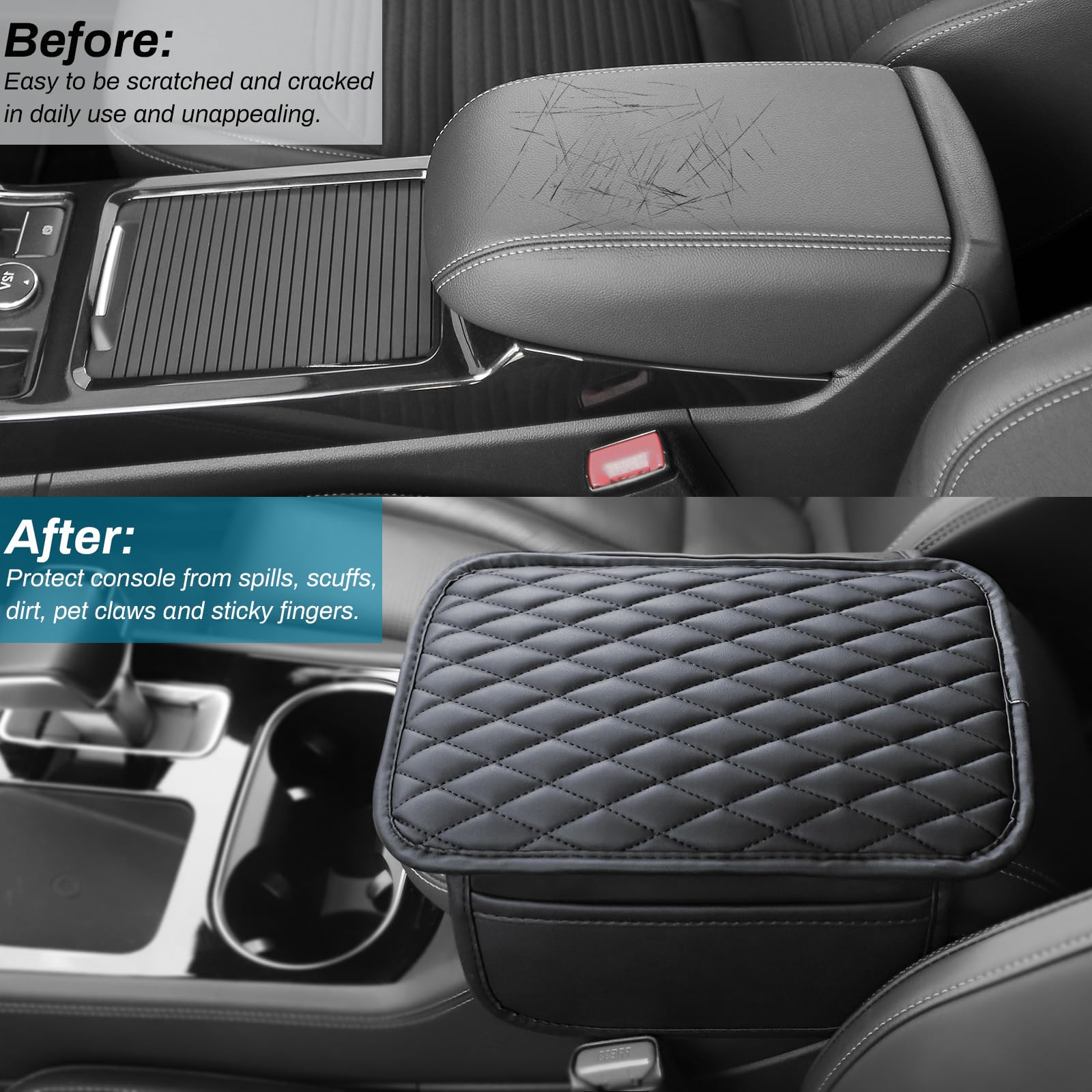 Ouzorp Car Center Console Cover, Upgraded Microfiber Leather Car Arm Rest Cover With 2 Storage Bags, Universal Armrest Cover For