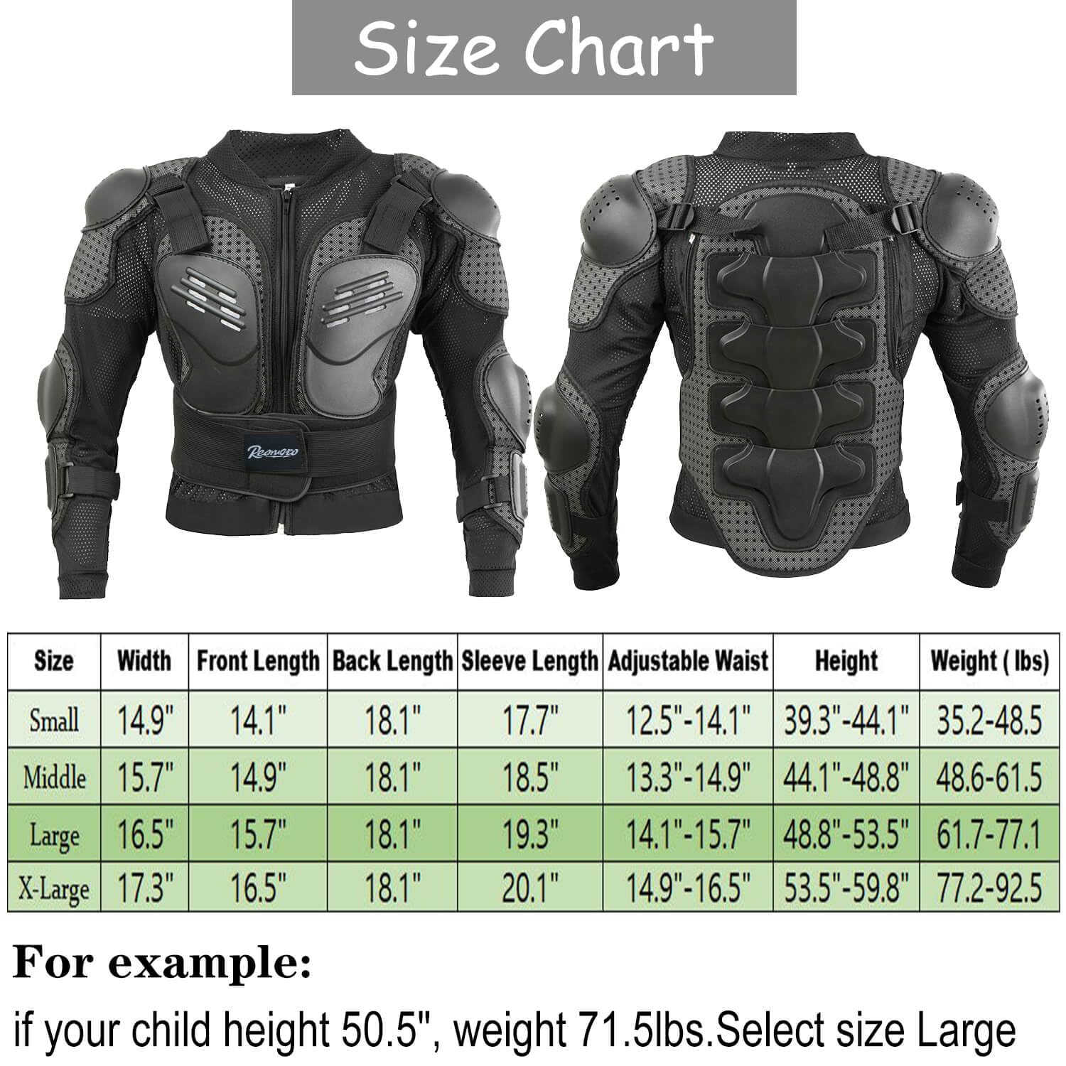Reomoto Kids Motorcycle Jacket Dirt Bike Gear, Chest Back Protector for Motor Bike, Children Motorcycle Full Body Armor Jacket F
