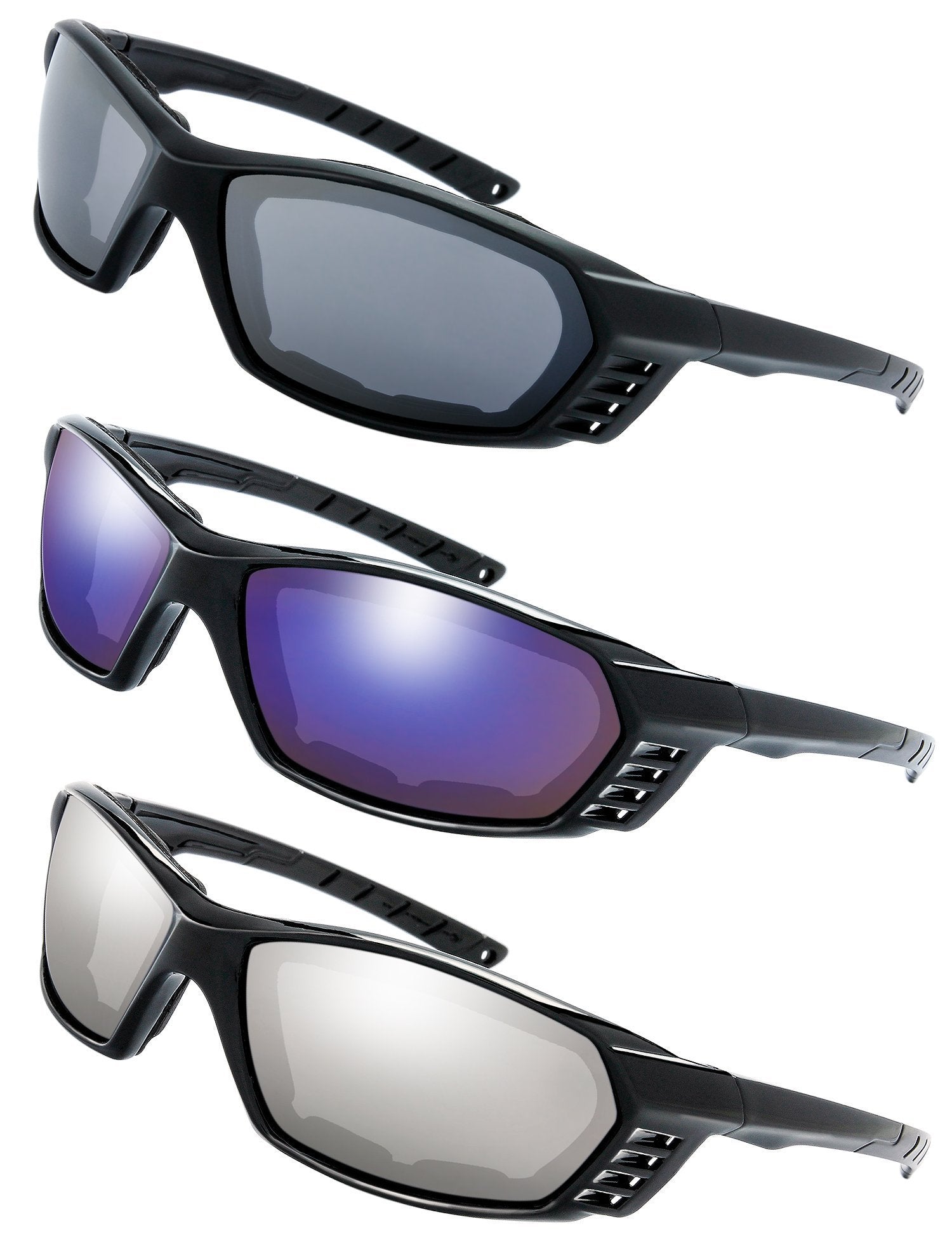 The Fresh 3 Pairs Motorcycle Riding Glasses Padded Frame Lens Block 100% UVB for Outdoor Activity Sport (10-Matte/Shiny Black, G