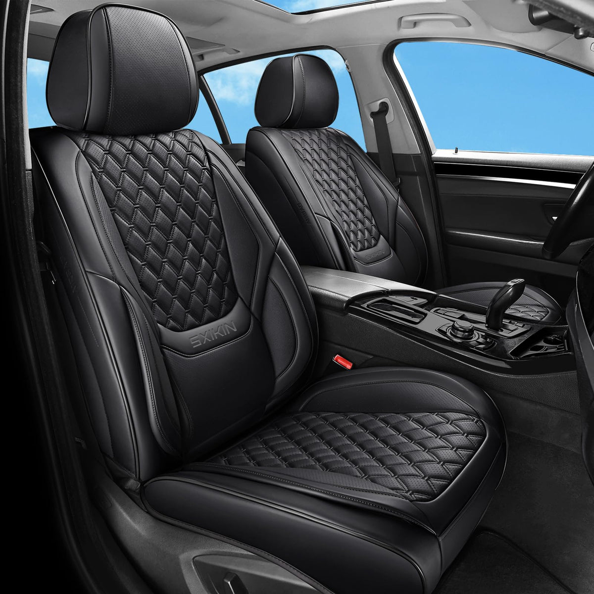 Sxikin Car Seat Covers Full Set Black, Luxury Faux Leather Car Seat Covers Waterproof Non-Slip Seat Protector Universal Fit For