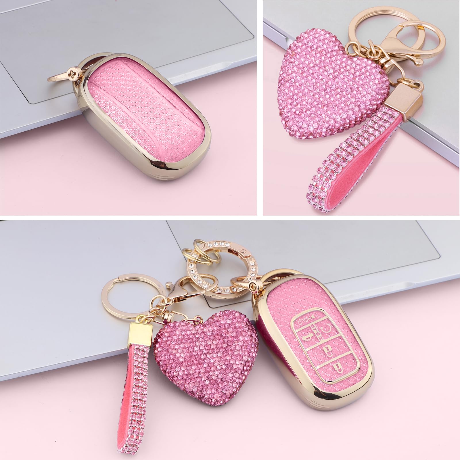 Meruns Compatiable with Honda key fob cover with Diamond Bling Keychain, Car Accessories Key holder Shell Full Protection for 20