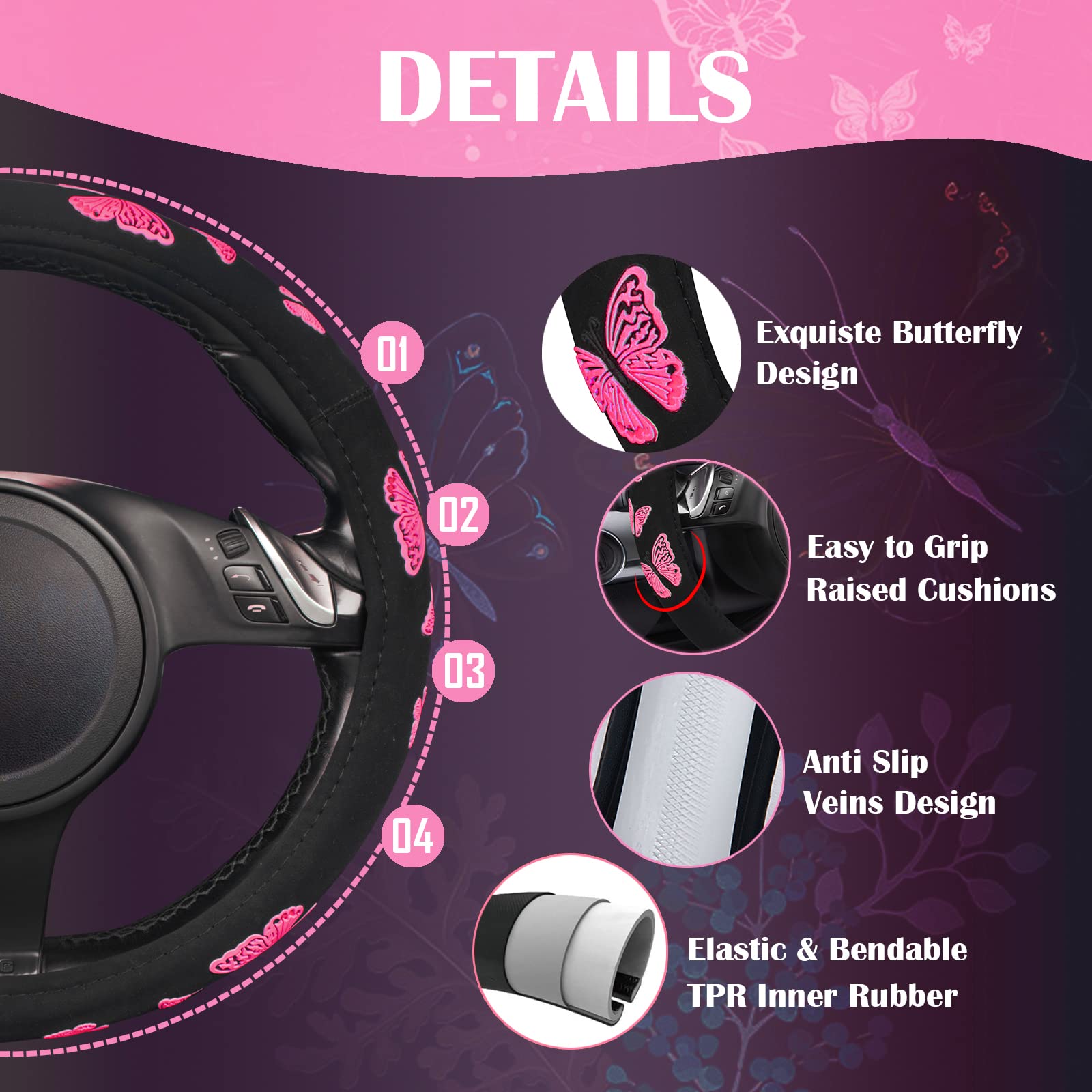 CAR PASS Hot Pink Butterfly Steering Wheel Cover - Universal Fit for SUVs, Trucks, Sedans & Cars - Cute Girly Accessory for Women