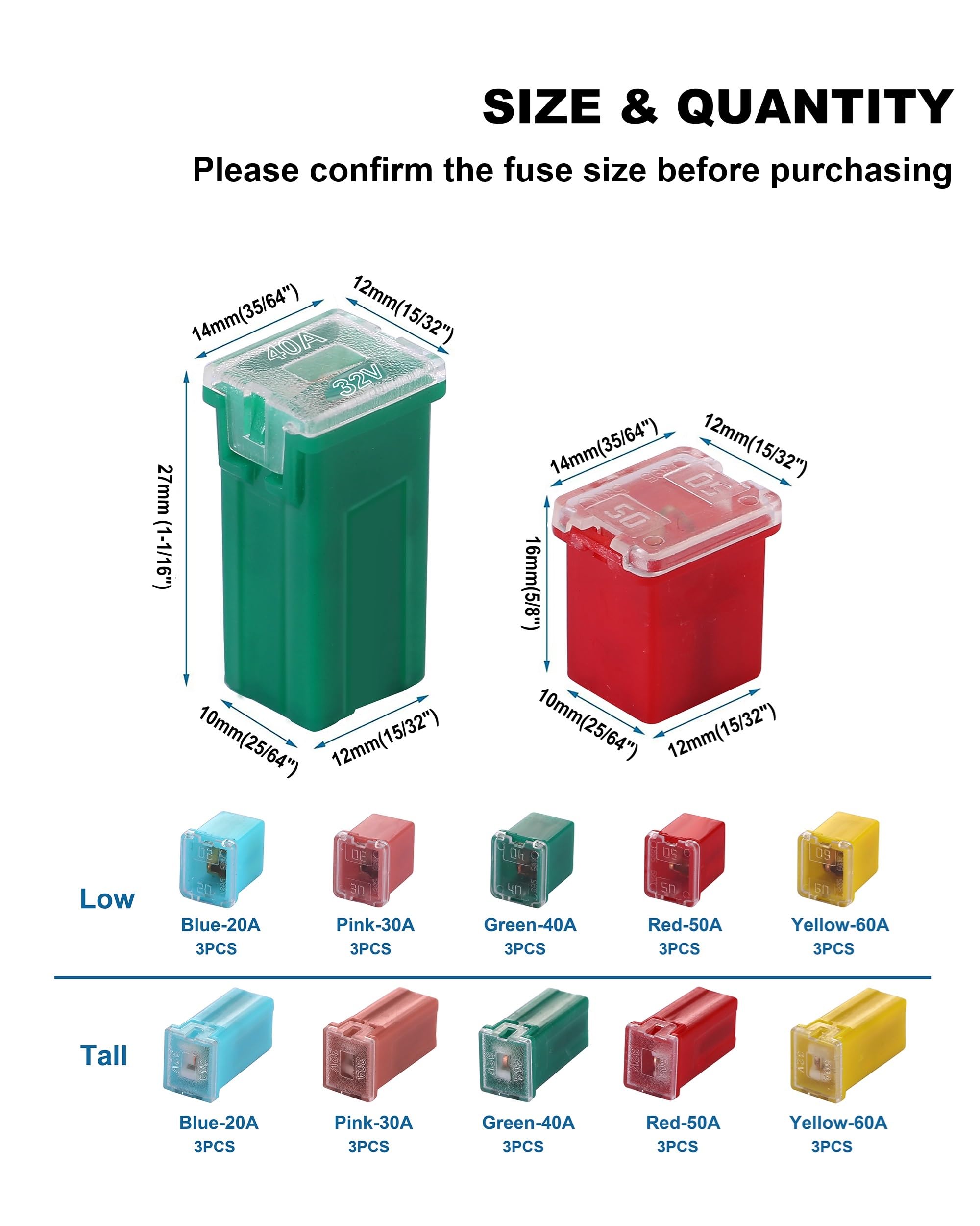 Crocsee 30 Pieces Car Fuses Assortment Kit, Tall/Standard And Low Profile Box Shaped Automotive Fuses For Ford, Chevy/Gm, Chrysler/Dodge, And Toyota Pickup Trucks, Cars And Suvs