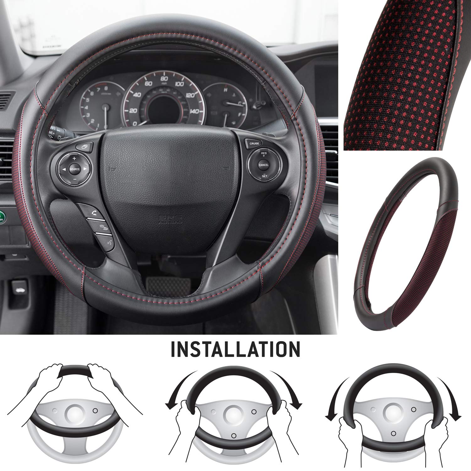 Motor Trend Wine Steering Wheel Cover - Dotted Comfort Polyester Grip On Stitched Synthetic Leather, Wine Stitching/Black