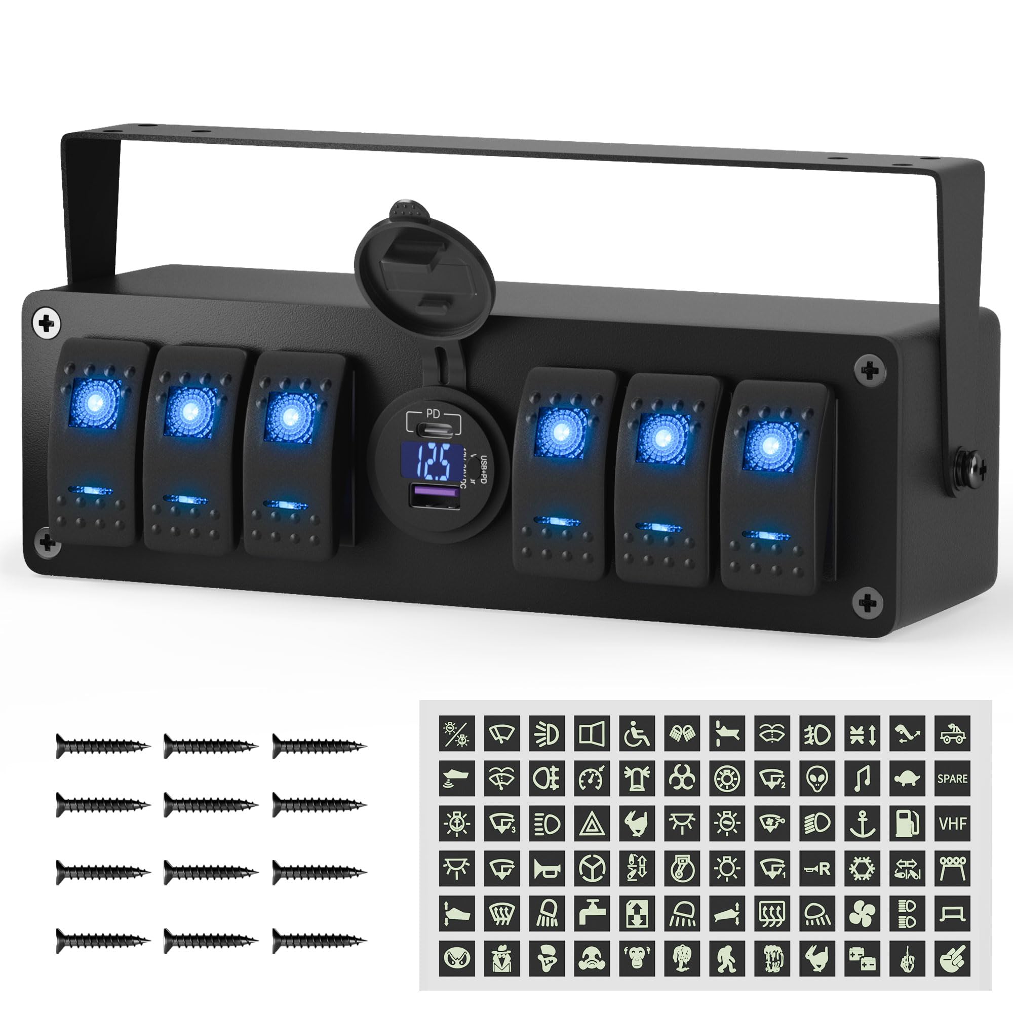 Joinfworld 6 Gang Rocker Switch Box Waterproof 12V Spst On/Off Led Light Bar Switch Panel With Dual Usb Outlet Pd3.0 & Qc3.0 Car Usb Port For Boat Marine Automotive Car Truck Rv Utv