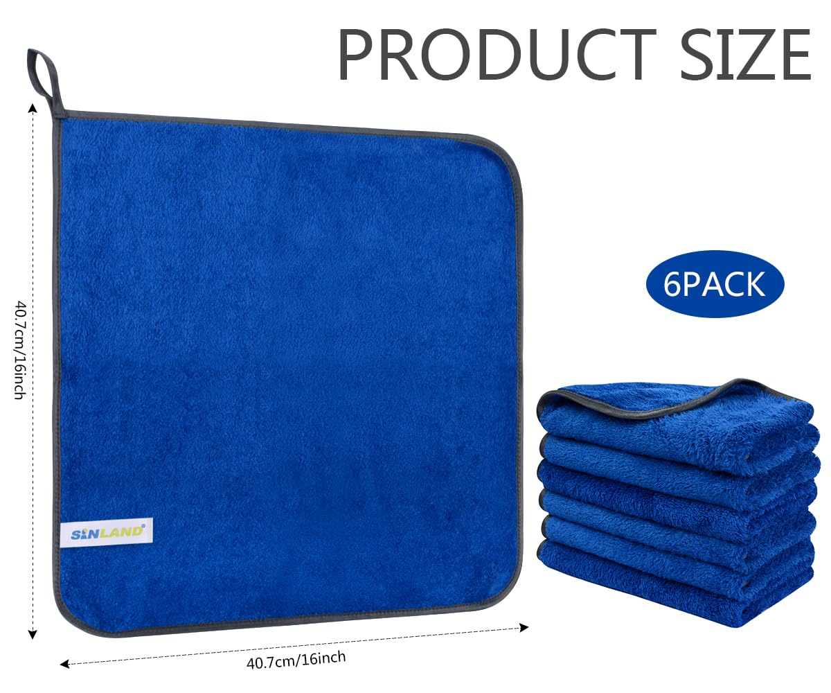 Sinland Microfiber Car Drying Towels Ultra Absorbent Car Wash Cleaning Auto Detailing Towels 380Gsm 16Inch X 24Inch 6Pack Blue