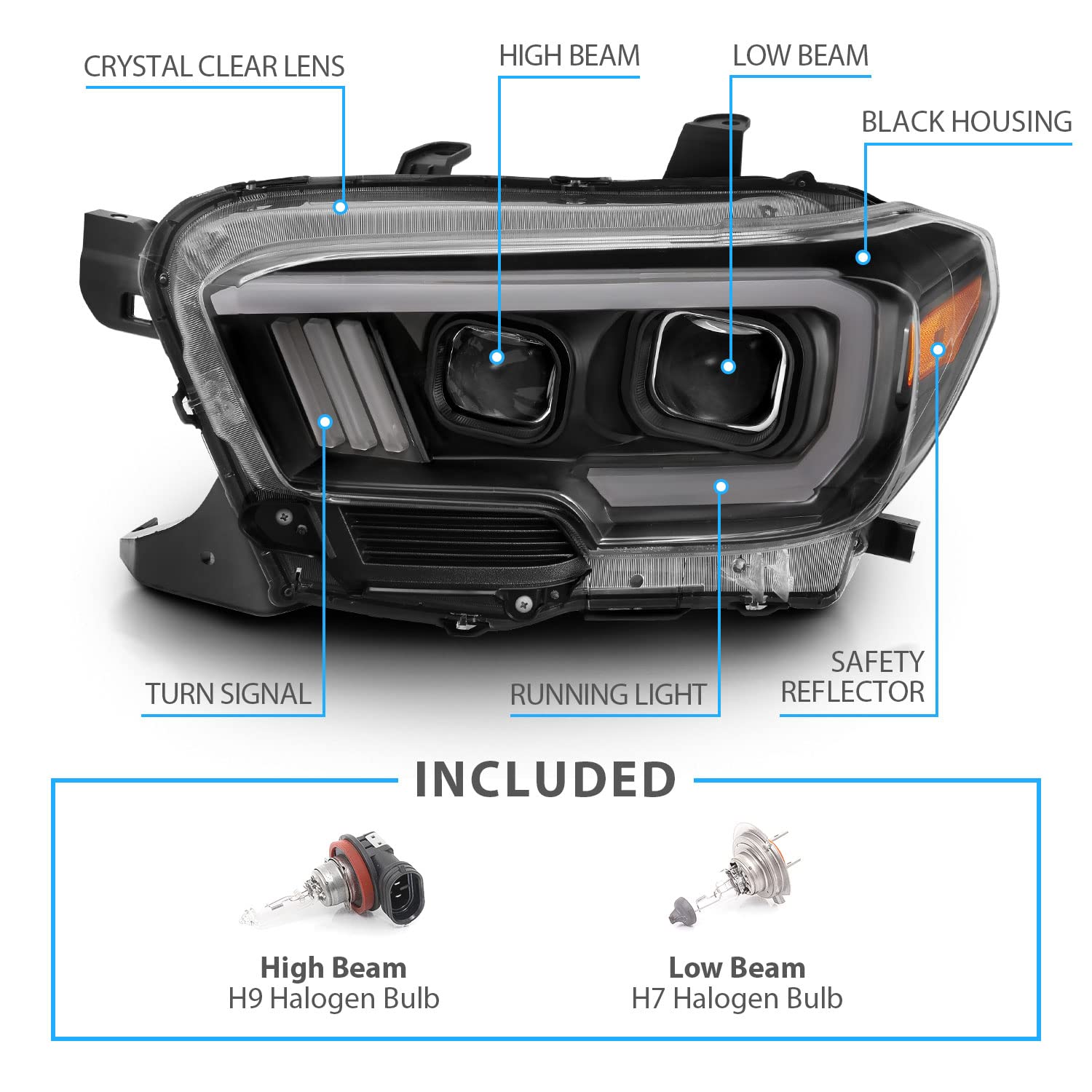 Amerilite For 2016-2022 Toyota Tacoma Trd W/Drl Switchback Led Tube Quad Projector Black Replacement Headlight Assembly Pair - Passenger And Driver Side