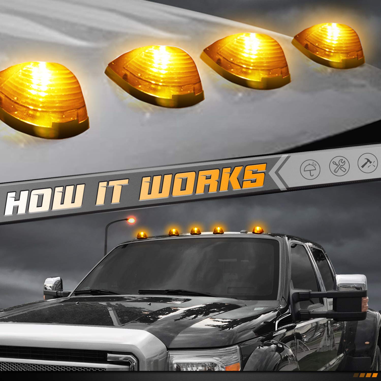 HERCOO Amber LED Roof Marker Lights for 1999-2016 Super Duty F250 F350 F450 F550 - Aftermarket Cab Clearance Lenses