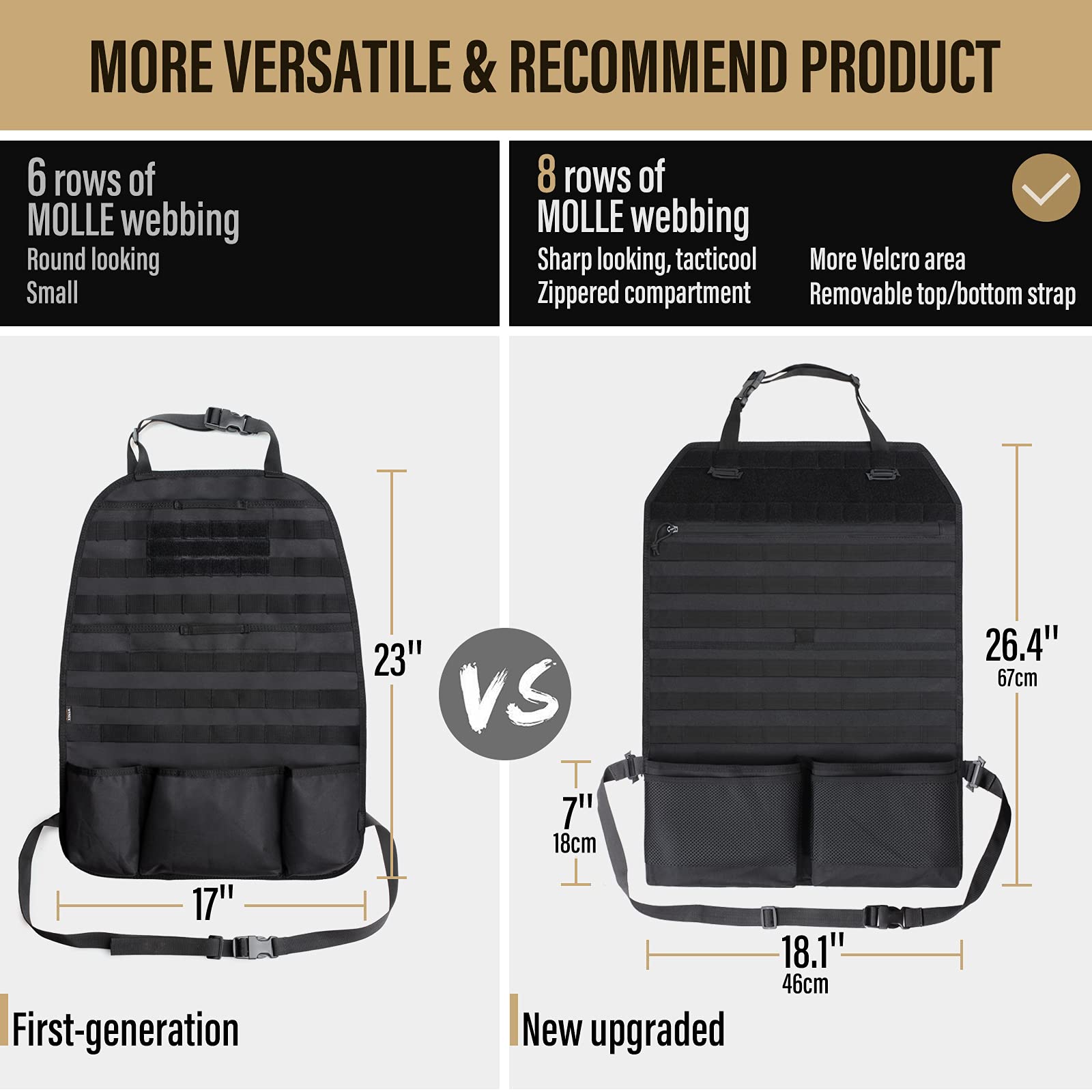 Wynex Car Seat Back Organizer With Sling Rack, Molle Backseat Cover Protector With Visual Pocket And Patch, Universal Fits Vehic
