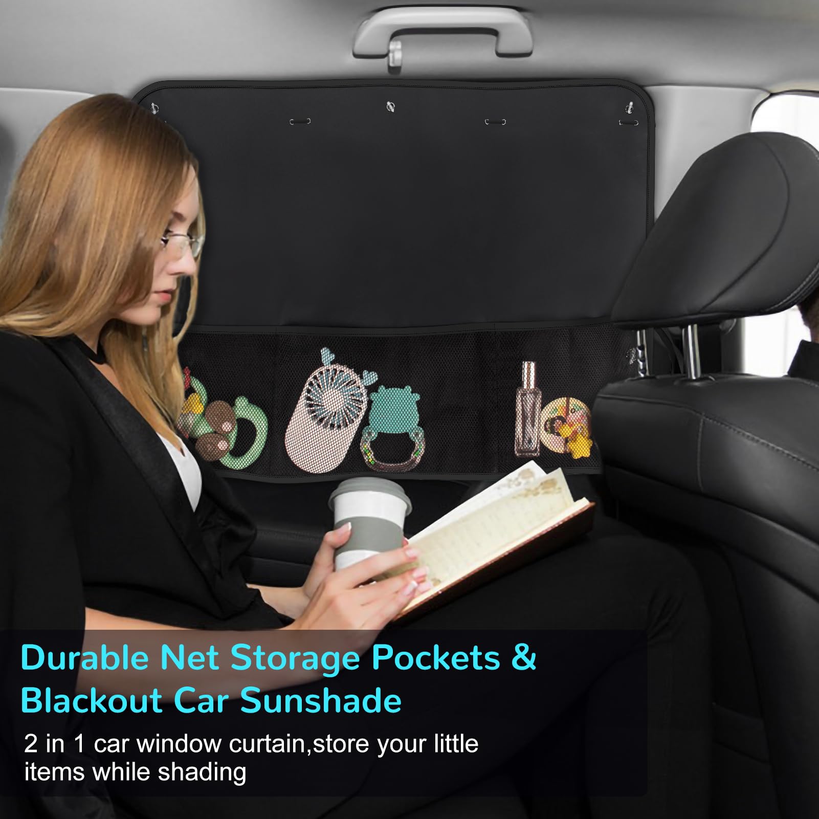 Car Sun Shade Side Window, 2 Pcs Blackout Car Window Shade for Baby Privacy with Storage Net Pockets Car Curtains 7 Suction Cups