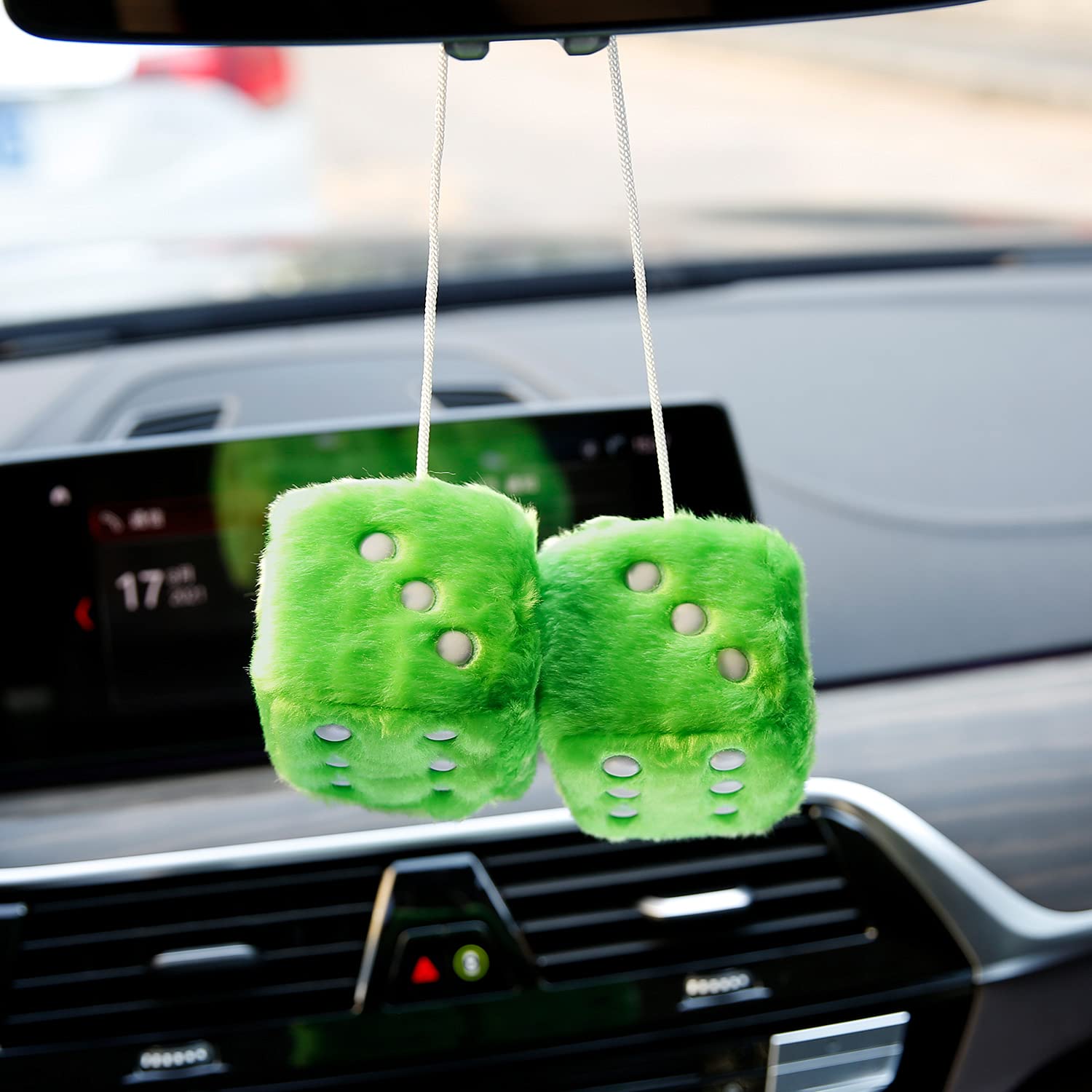 Ygmoner Pair Of Retro Square Mirror Hanging Couple Fuzzy Plush Dice With Dots For Car Decoration (Green)
