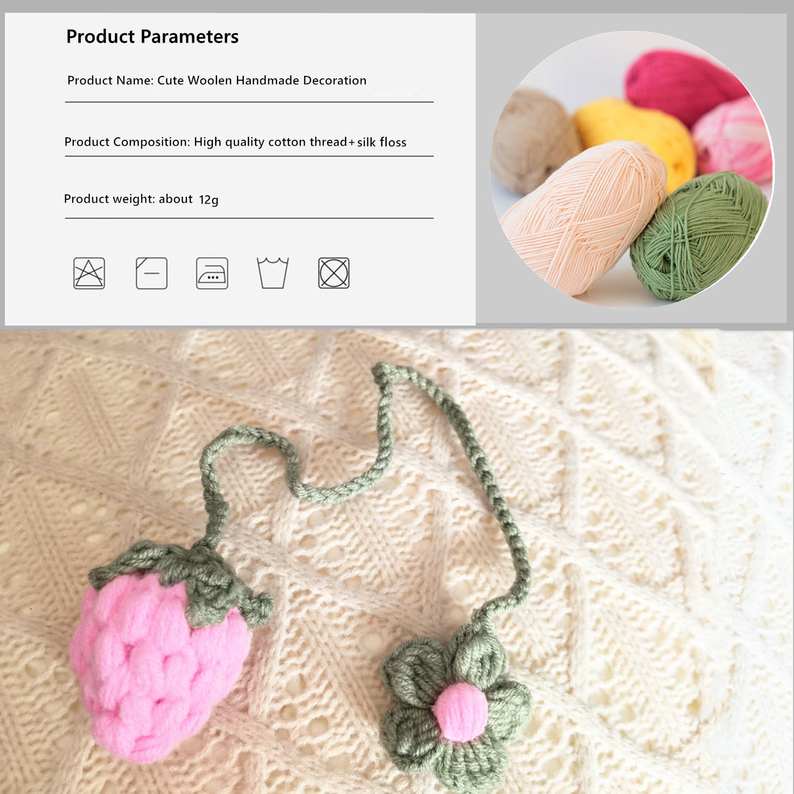 1Pc Rear View Mirror Hanging Accessory, Cute Pink Strawberry Car Decor, Crochet Hand Knitted Mirror Hanger