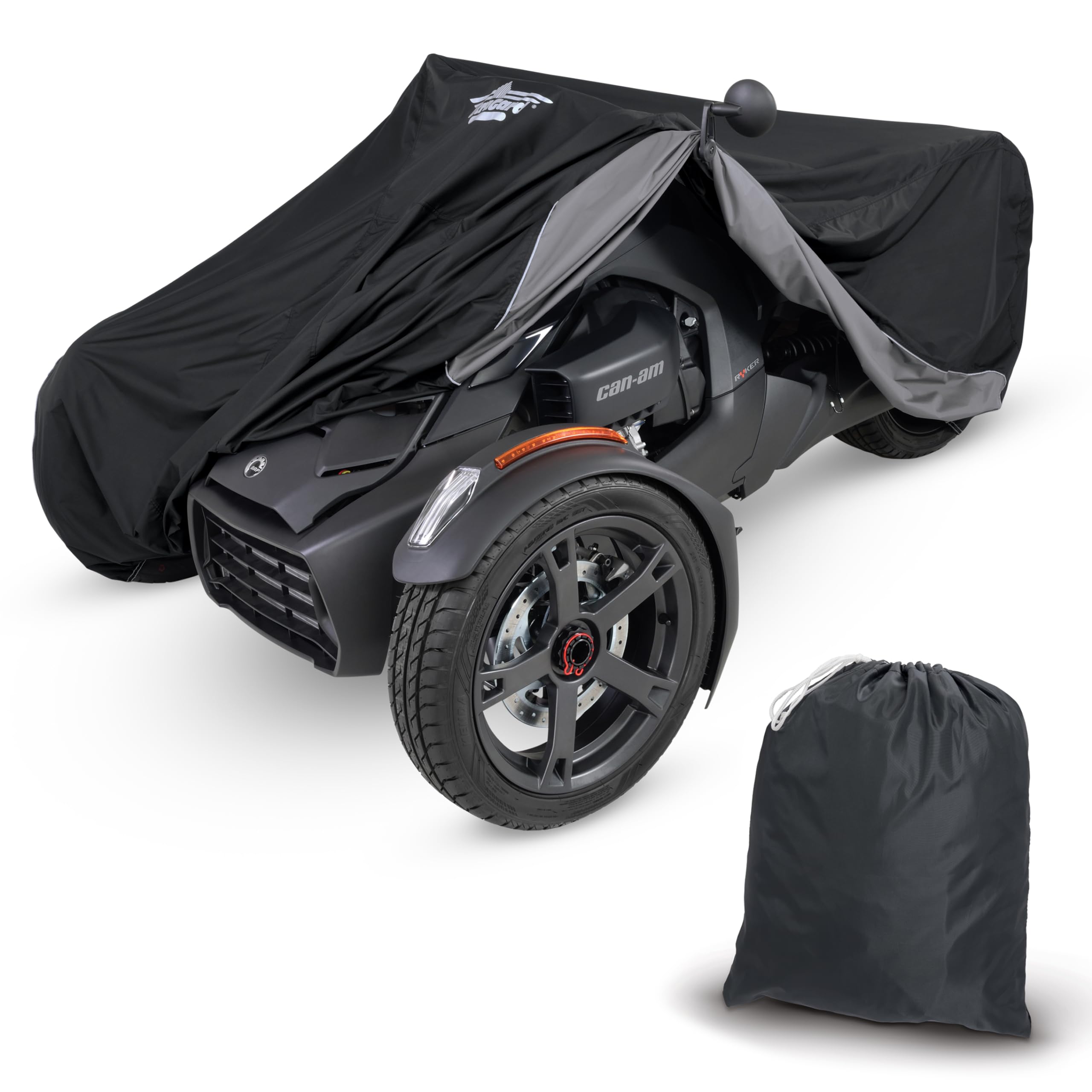 UltraGard Can-Am Ryker Full Motorcycle Cover with Heat Shield & Expandable Pouch - Water-Resistant, Windshield Protection, Bungee Tie Downs, Reflective, Black/Charcoal